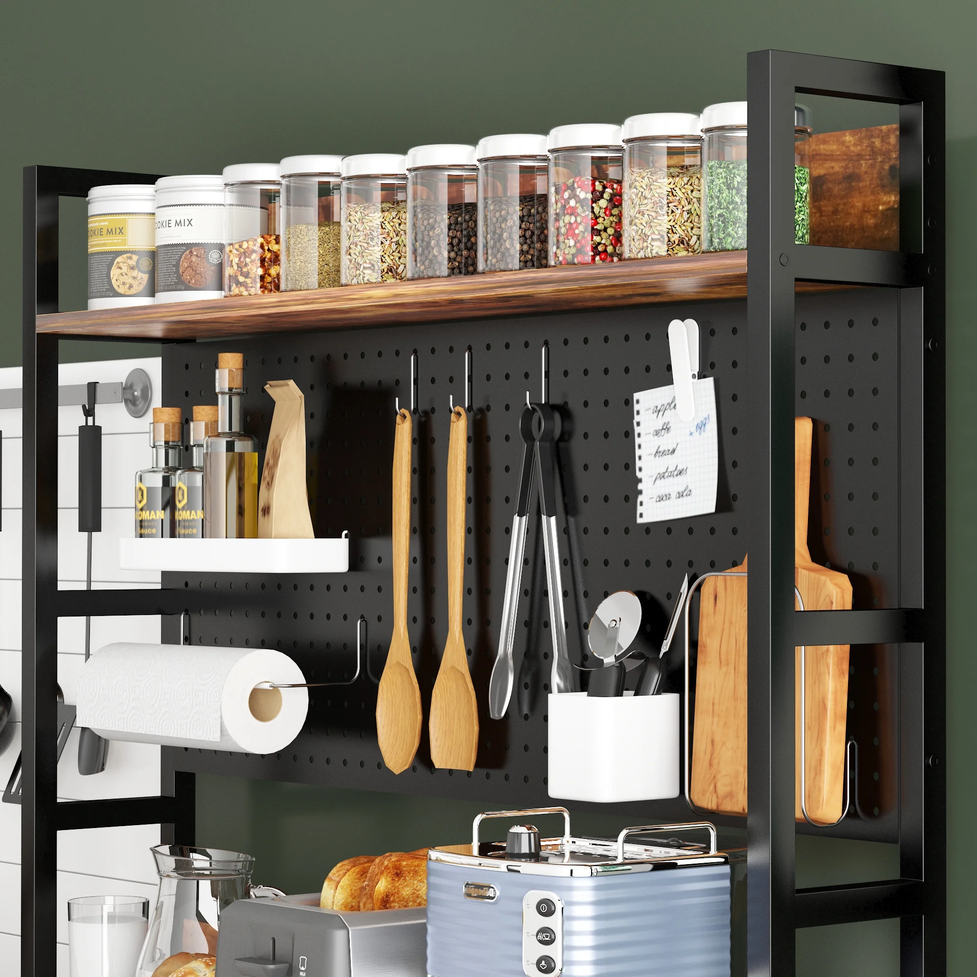 NAIYUFA Bakers Rack with Power Outlet 5-Tier Kitchen Wood Large Microwave Oven Stand with Pegboard,3 Fabric Drawers,Hooks,Brown