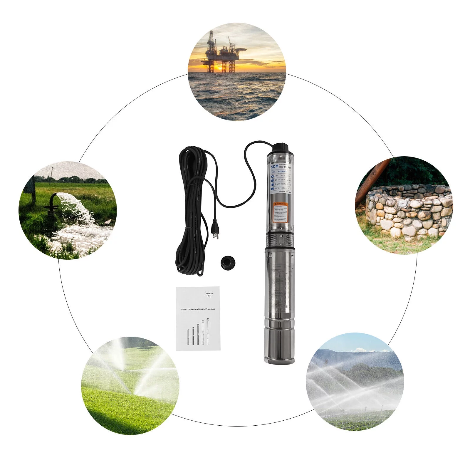 ZhdnBhnos 110V 370W Electric Powered Deep Well Pump 1/2HP 16GPM Submersible Pump Stainless Steel Water Pump