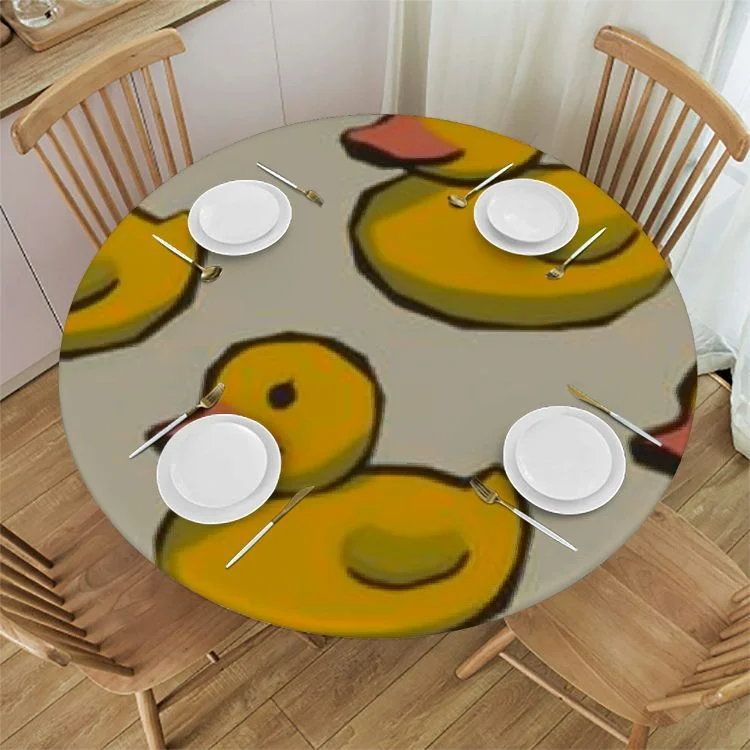 Xllo0ord  Cute Rubber Ducks Tablecloth with Elastic Edge, Round Table Cloth Yellow Cartoon Ducky Washable Reusable Table Cover for Kitchen Dining Party Picnic, Small White