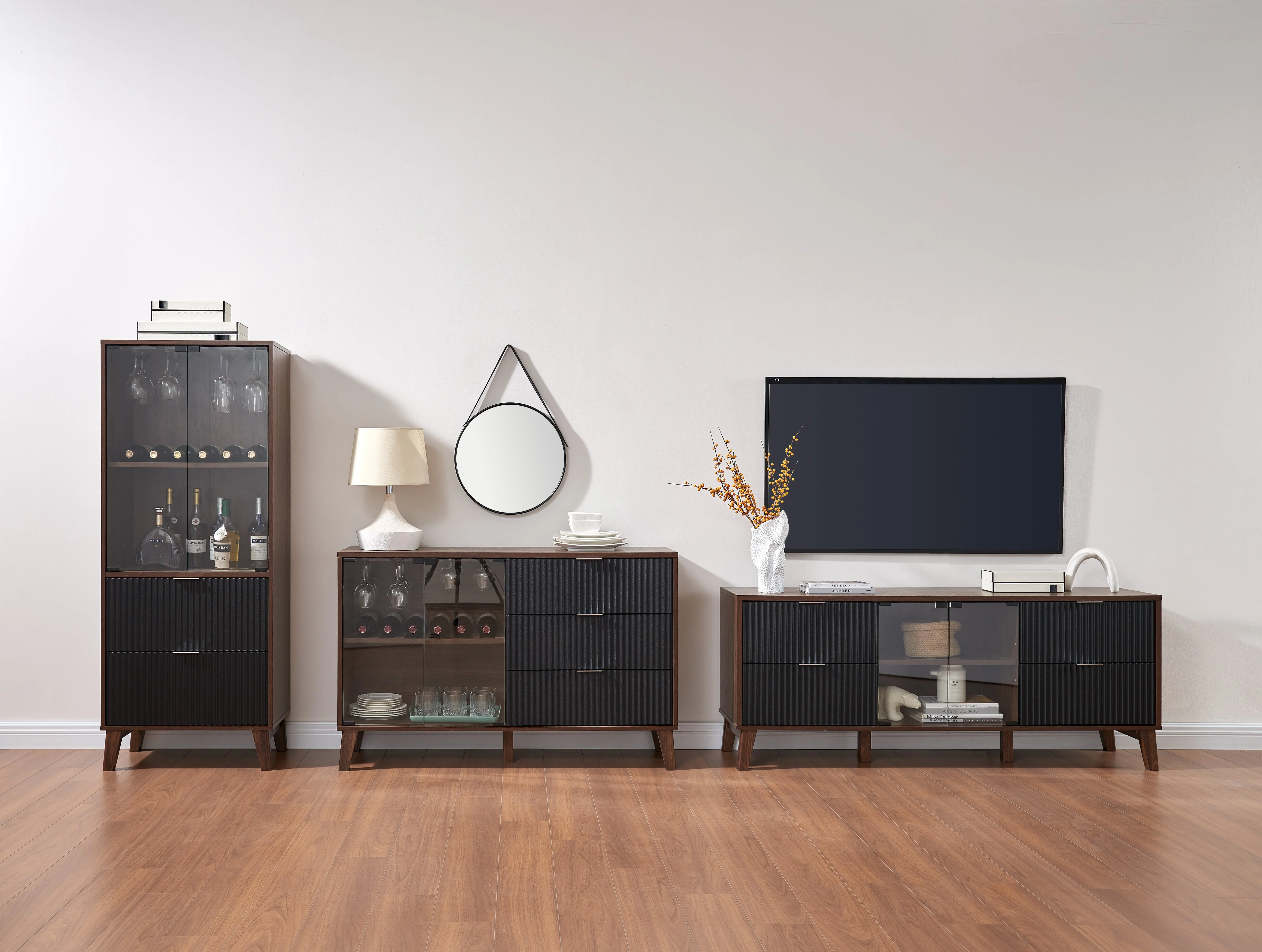 Home Source Bar Cabinet, two drawers, and elegant glass doors for a perfect blend of style and functionality (Walnut/Black)