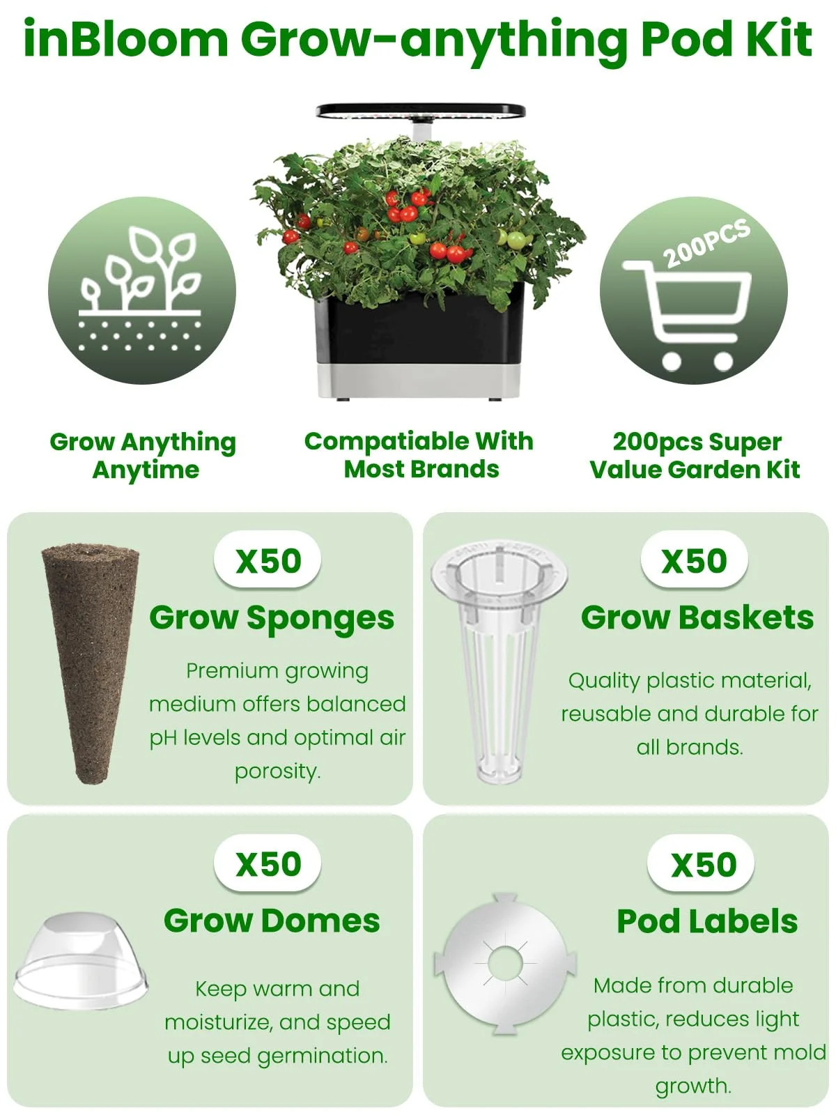200pcs Hydroponic Pods Kit for Aerogarden and idoo, Grow Anything Kit, Indoor Garden Accessories - Compatible with All Brands (50 Grow Sponges, 50 Grow Baskets, 50 Grow Domes, 50 Pod Labels)