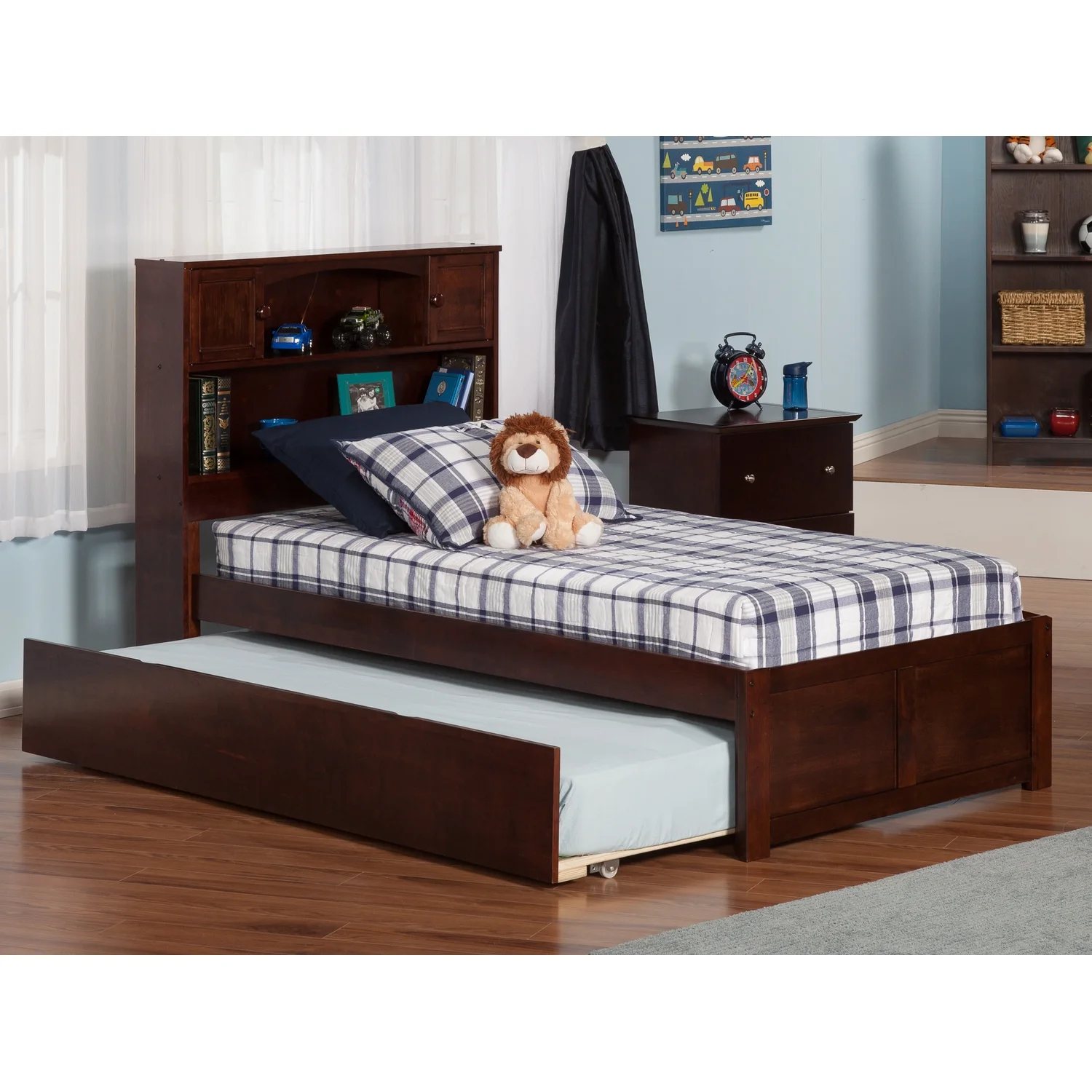 HomeStock Rustic Revival Full Platform Bed With Flat Panel Footboard And Turbo Charger With Twin Size Urban Trundle In White