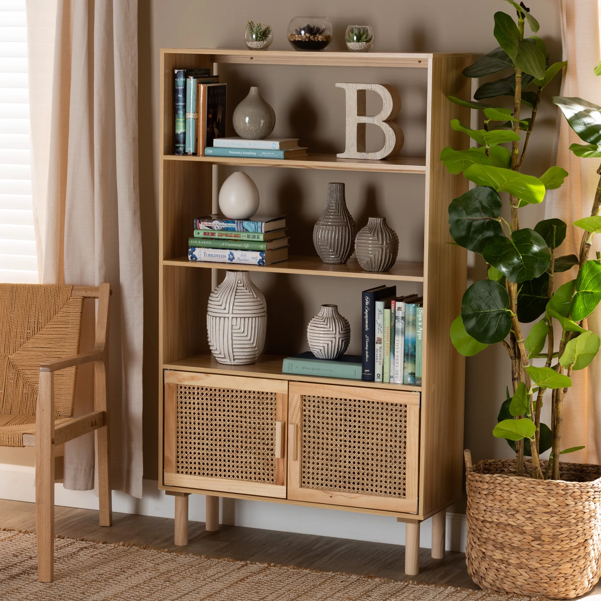 Baxton Studio Faulkner Mid-Century Modern Natural Brown Finished Wood and Rattan 2-Door Bookcase