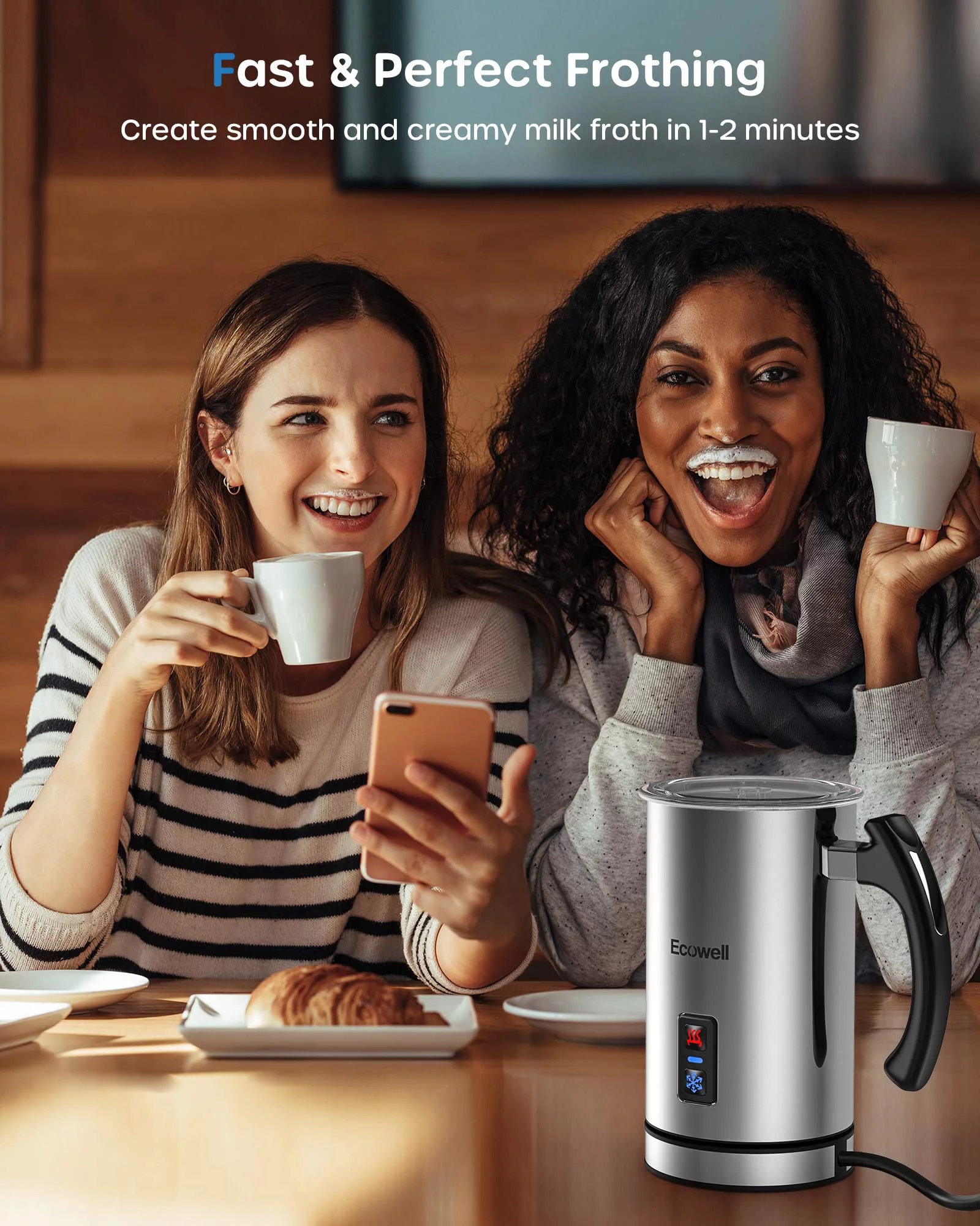 ECOWELL Milk Frother, Automatic Stainless Steel Milk Steamer with Hot & Cold Milk Functionality, Foam Maker, 8.1oz/240 ml Coffee，WMMF02