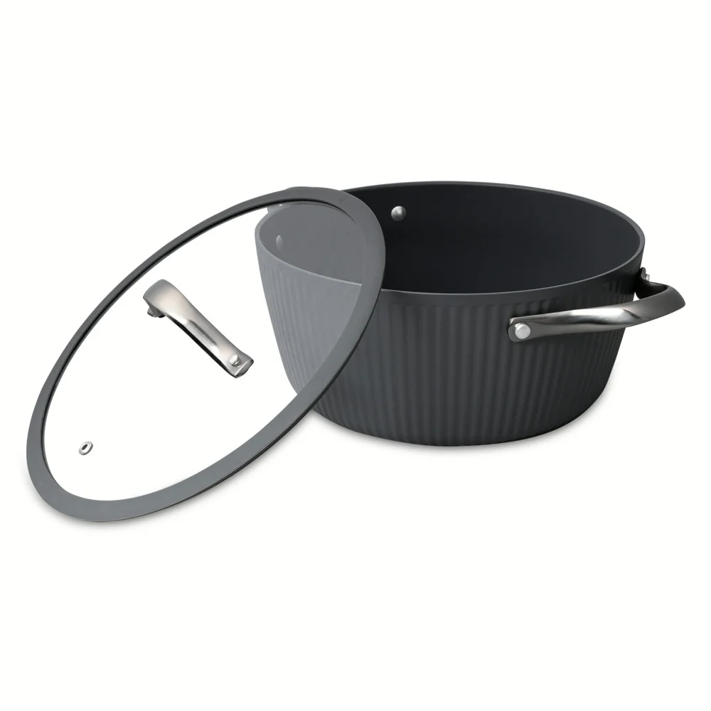 Thyme & Table 12-Piece Cookware Ceramic Non-Stick Set Ribbed Collection, Grey