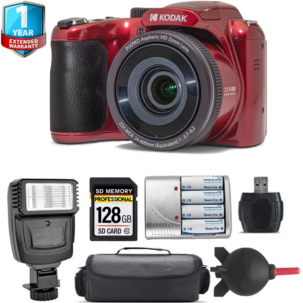 Kodak PIXPRO AZ255 Digital Camera (Red) + Extra Battery + Flash+ 1 Yr Warranty