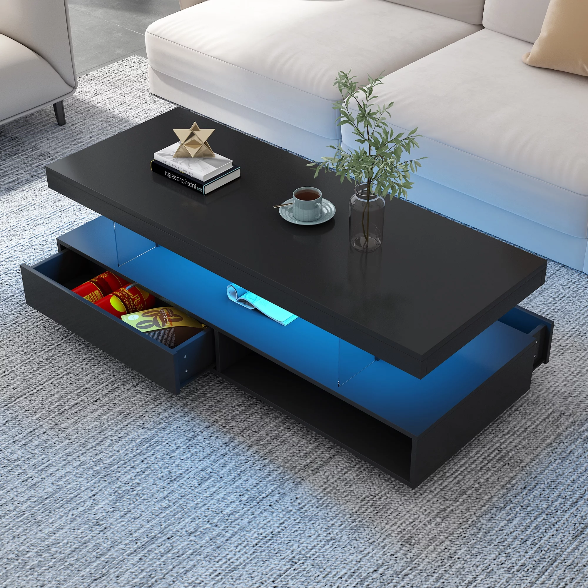 Homiyad LED Coffee Table with Storage, Modern Center Table with 2 Drawers and Display Shelves, Accent Furniture with LED Lights for Living Room, Black