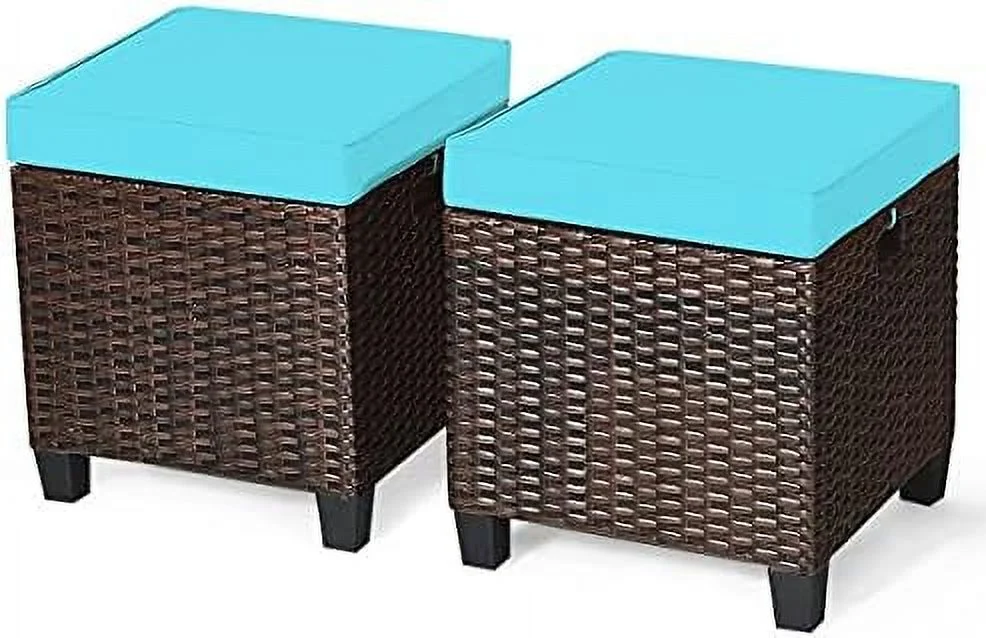 xrboomlife Wicker Ottoman Set of 2  All Weather Rattan Patio Ottoman Set  Outdoor Foot  Patio Foot Stool with Waterproof & Removable Cushions for Balcony Backyard Garden Poolside (Nav