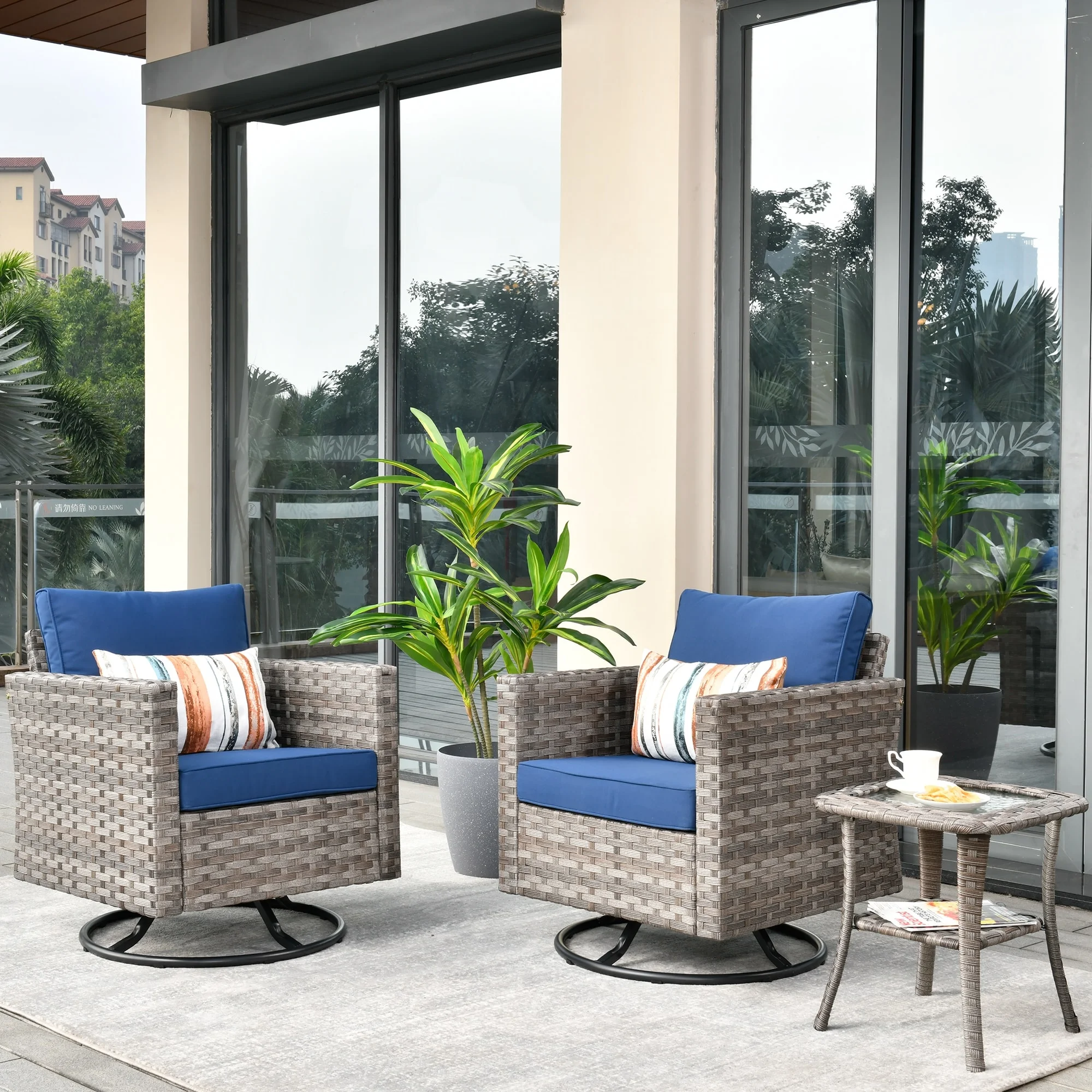 OVIOS  Patio Wicker Swivel Rocking Chair 3-piece Set with Side Table Navy Blue