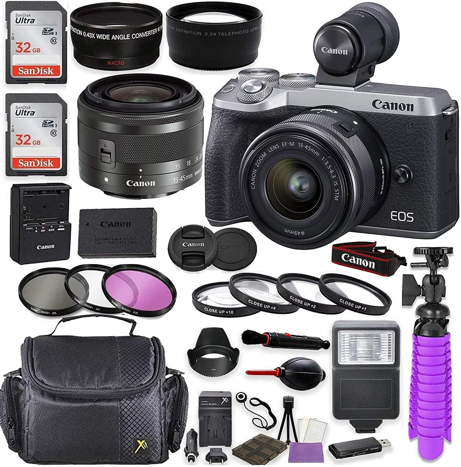 Canon EOS M6 Mark II Silver Mirrorless Camera & EF-M 15-45mm Lens Kit with EVF-DC2 Viewfinder, 64GB, Deluxe Bundle