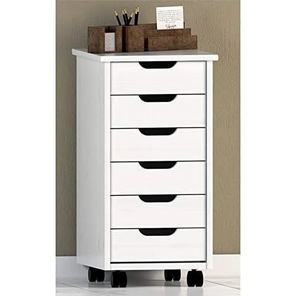 Callie Multipurpose Six Drawer Wide Wood Rolling Storage Cart With Casters In White Wash