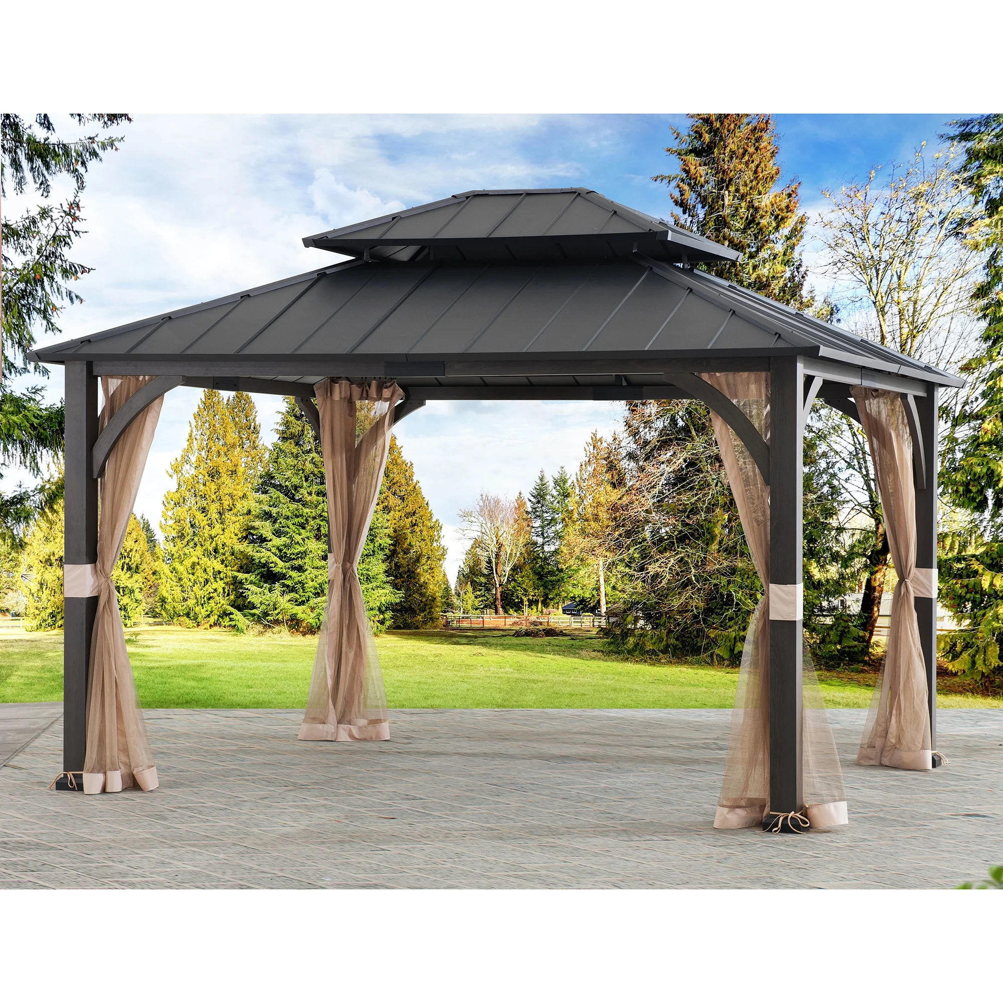 Sunjoy 13x15x10.4 Churchill Hard Top 2-Tier Metal Gazebo With Netting