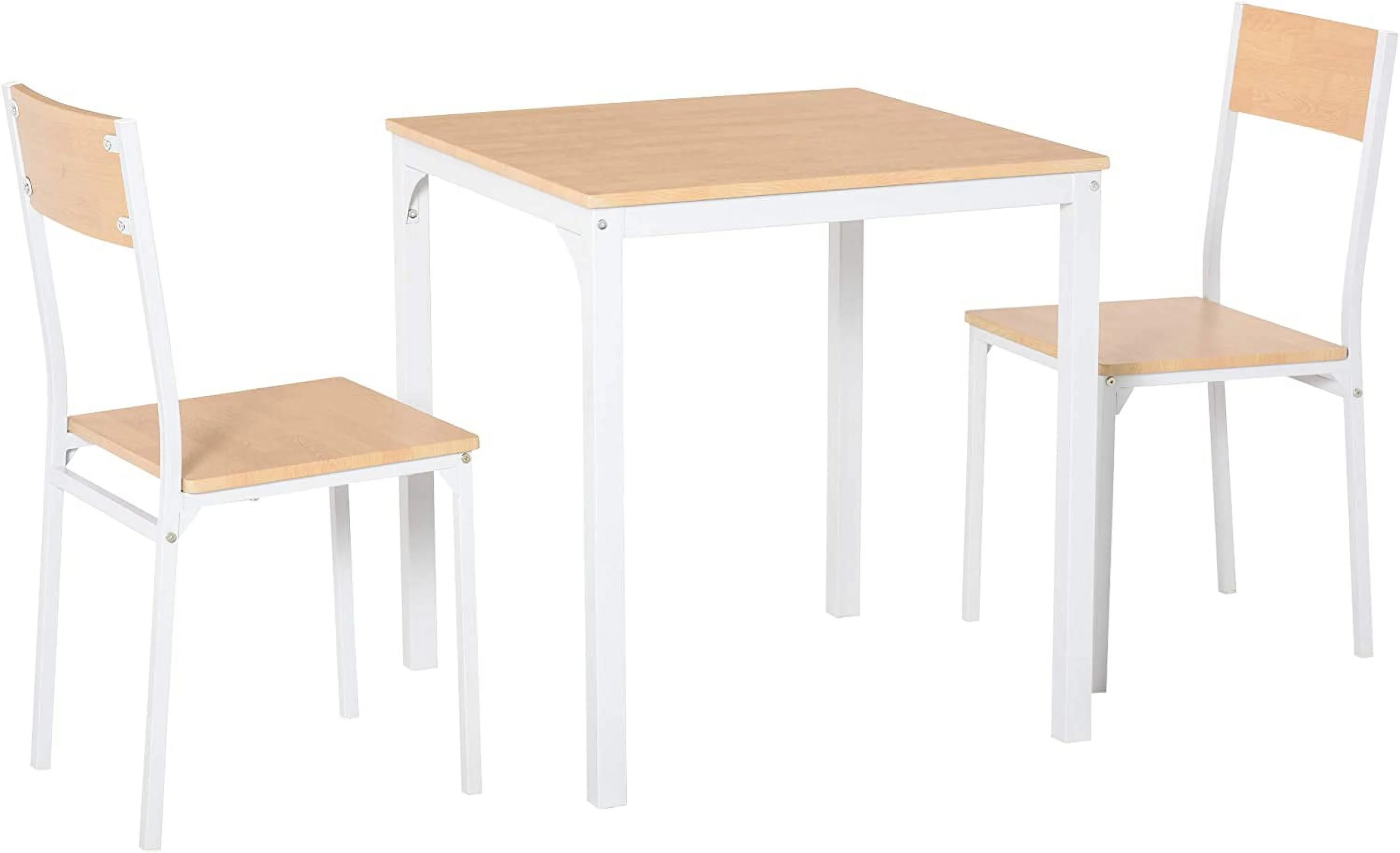 TJUNBOLIFE 3-Piece Wooden Square Dining Table Set with 1 Table and 2 Chairs and Sturdy Metal Frame for Small Space  White