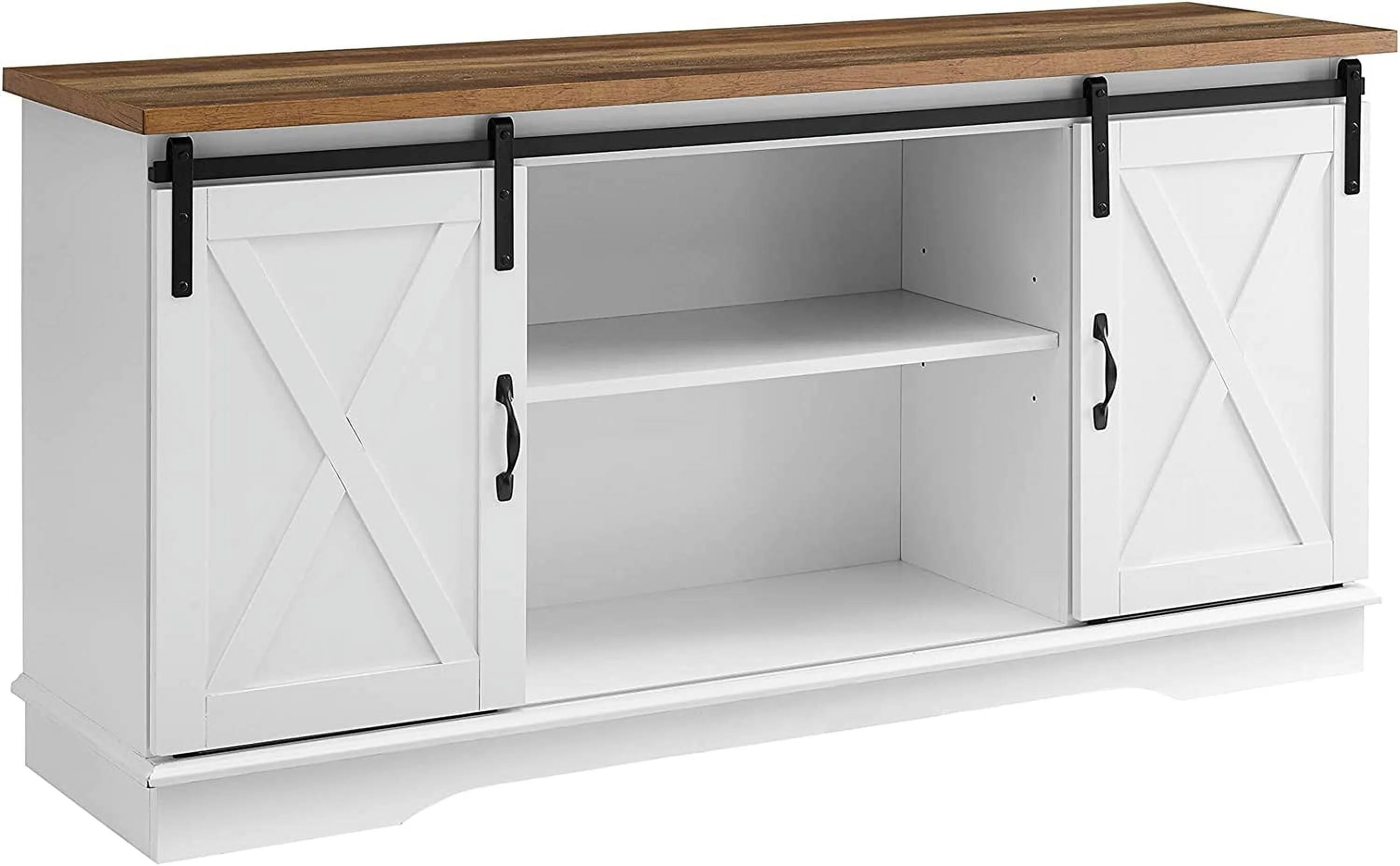HYUN Richmond Modern Farmhouse Sliding Barn Door TV Stand for TVs up to 65 Inches, 58 Inch, White and Rustic Oak