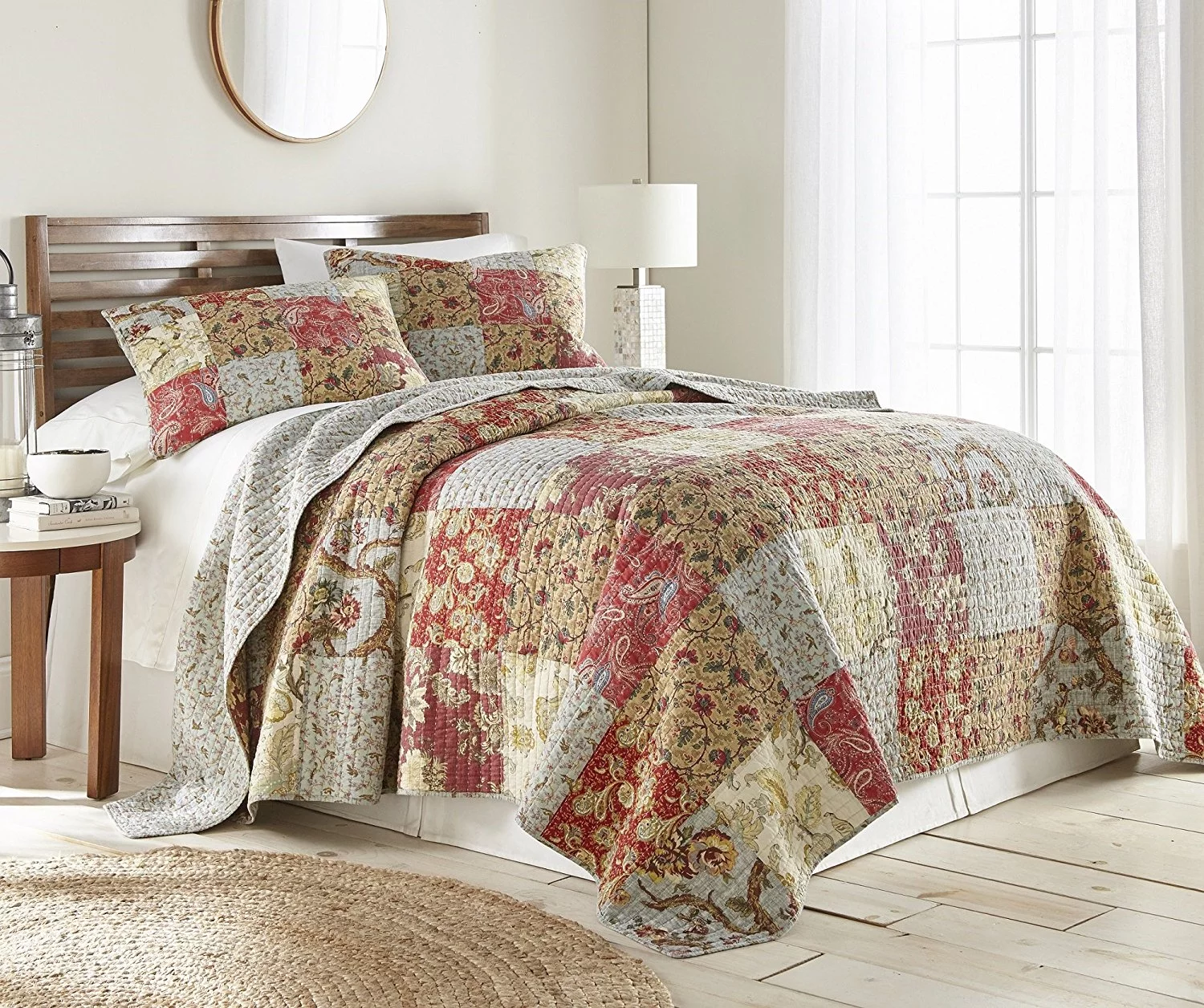 Chezmoi Collection Leslie 3-Piece Floral Patchwork Reversible 100% Cotton Vintage Washed Quilt Set