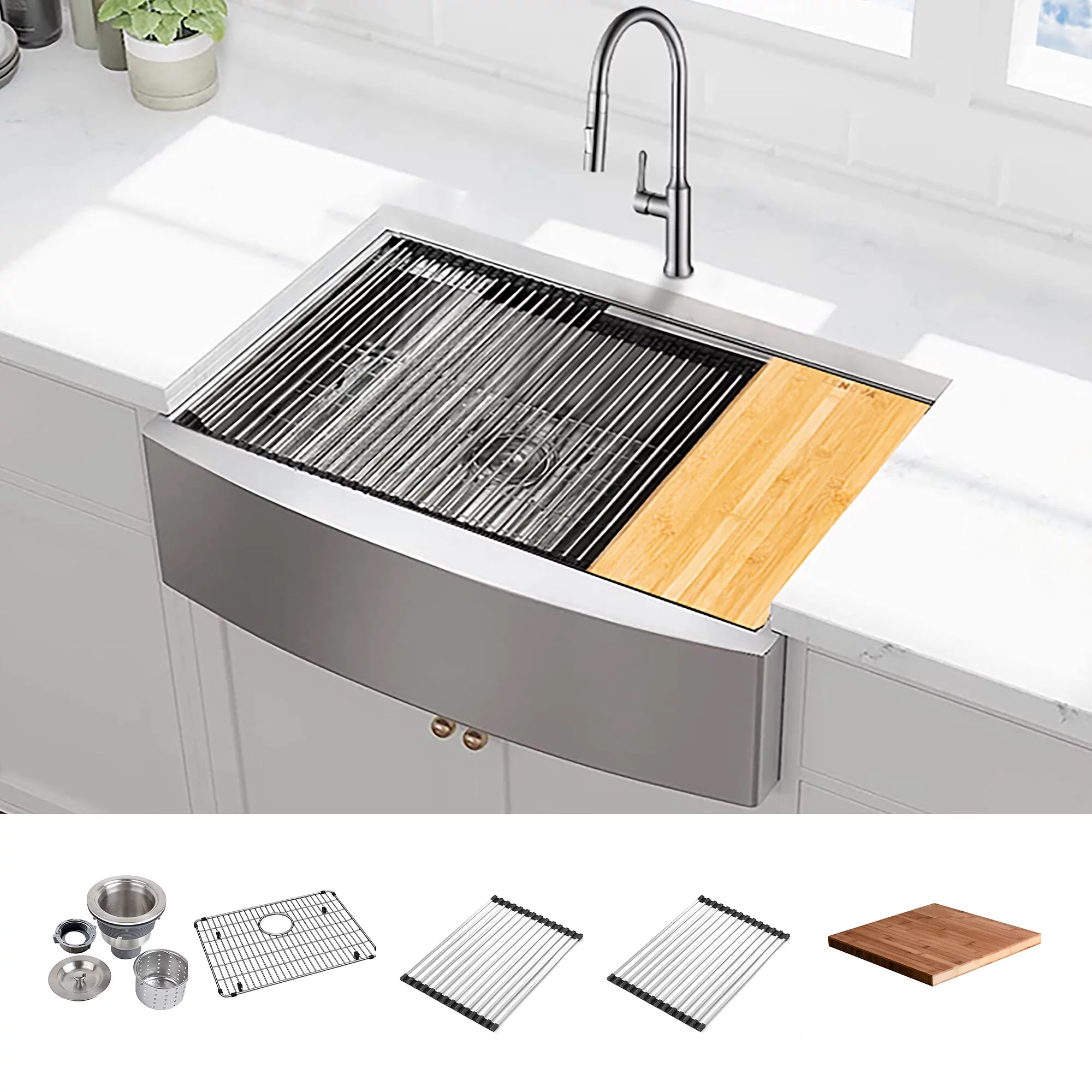 KBFmore 33 inch 16 Gauge Apron Front Farmhouse Single Bowl Undermount Stainless Steel Kitchen Sink, Set of  6