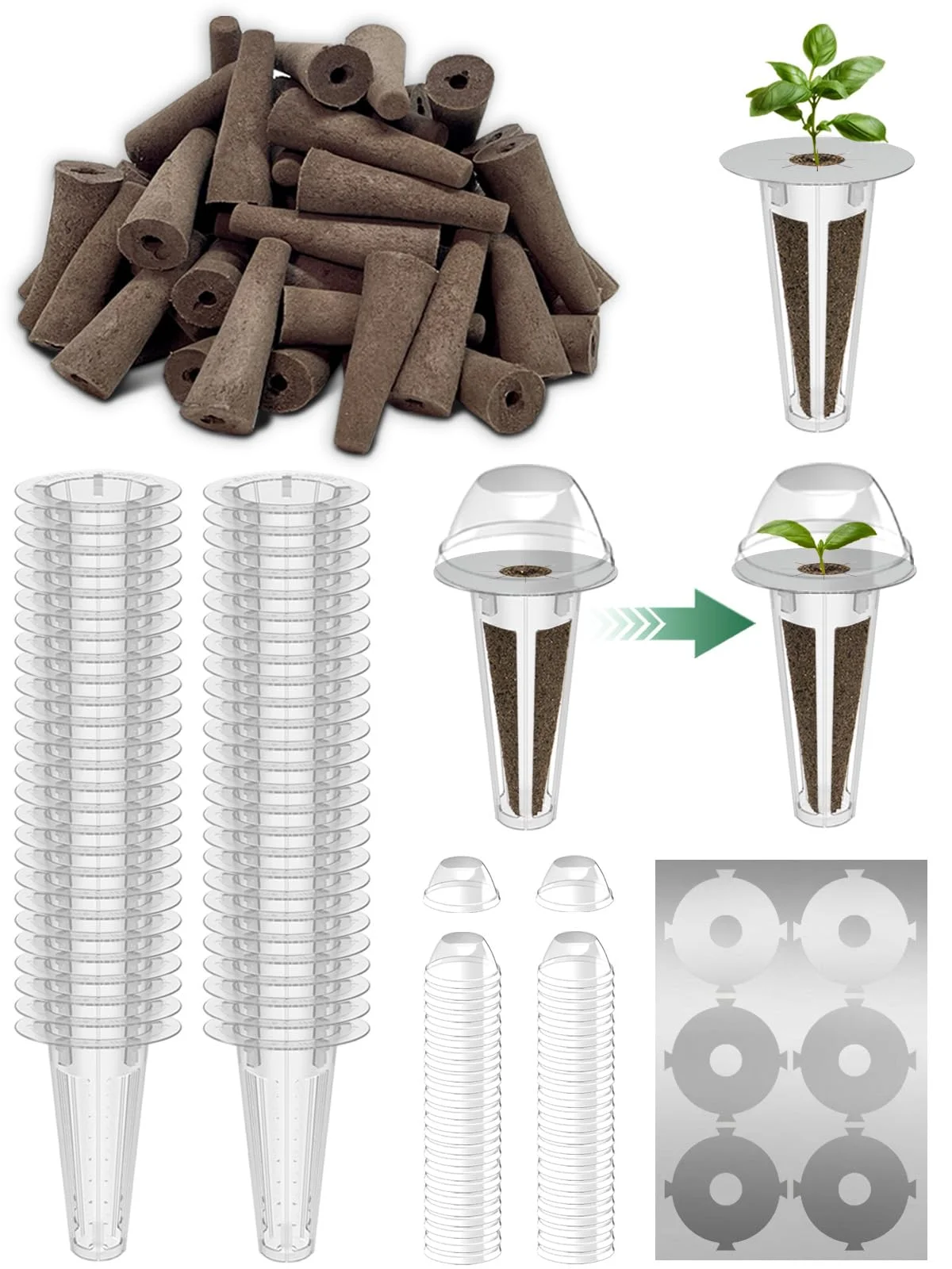 200pcs Hydroponic Pods Kit for Aerogarden and idoo, Grow Anything Kit, Indoor Garden Accessories - Compatible with All Brands (50 Grow Sponges, 50 Grow Baskets, 50 Grow Domes, 50 Pod Labels)