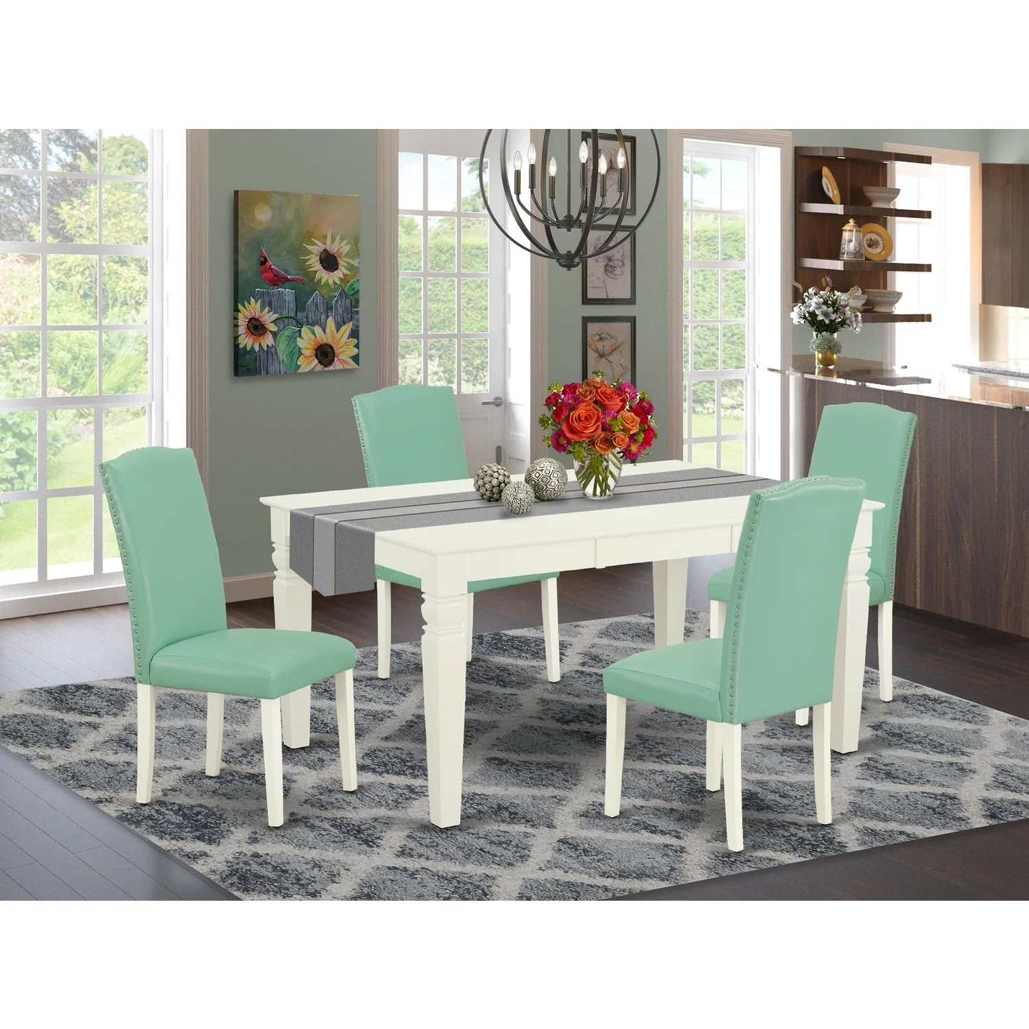 East West Furniture Weston 5-piece Wood Dining Set in Linen White/Pond