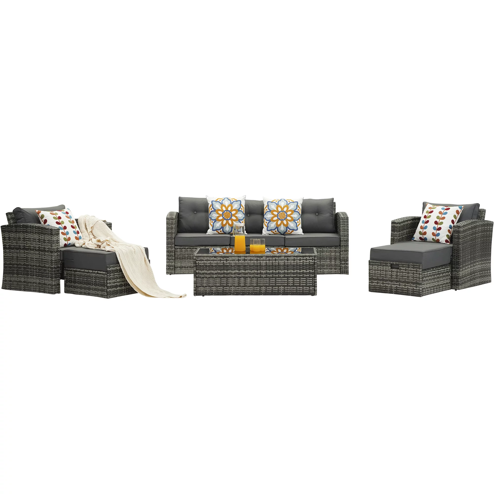 Cozyhom 8 Pieces Gray Wicker Rattan Patio Aluminum Sofa Furniture Set with Dark Gray Cushions