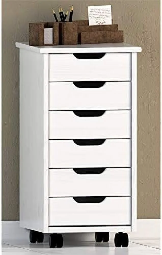 Six Drawer Wood Rolling Storage Cart in White Wash