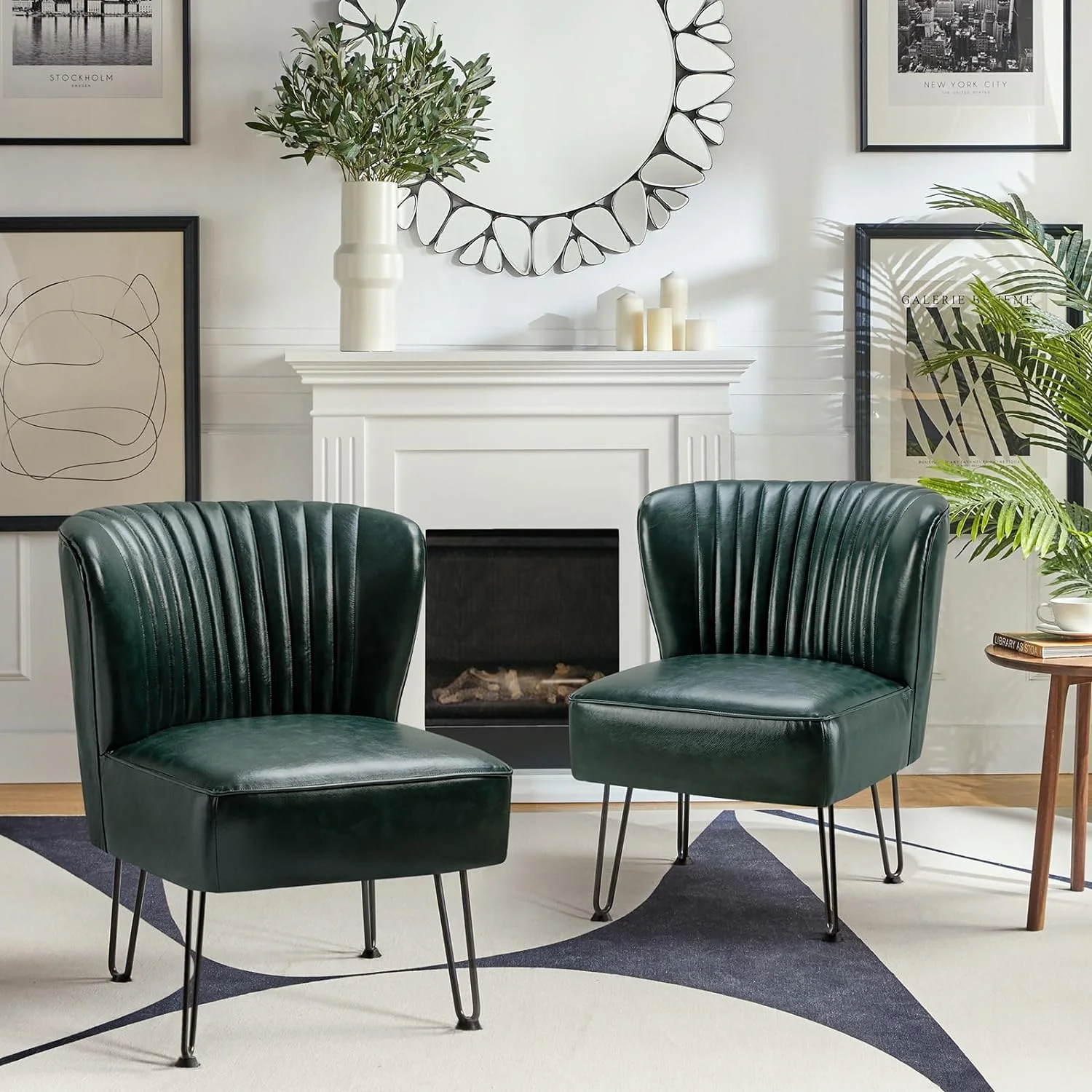 Faux Leather Accent Chairs Set Of 2 With Metal Base, Century Modern Living Room Chairs, Comfy Upholstered Armless Side Chairs For Bedroom, Green