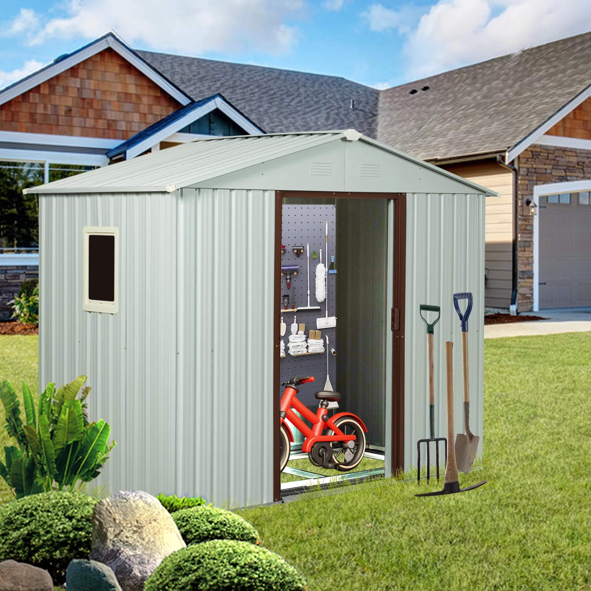 Homiyad 8FT X 4FT Outdoor Metal Storage Shed with Window White