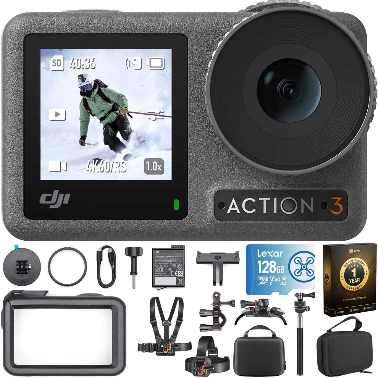 DJI Osmo Action 3 Action Camera (Standard Combo) with 4K/120fps, Super-Wide FOV, 16m Waterproof Bundle with Extended Warranty, 128GB Memory Card + Deco Gear Outdoor Action Kit + Case Bundle