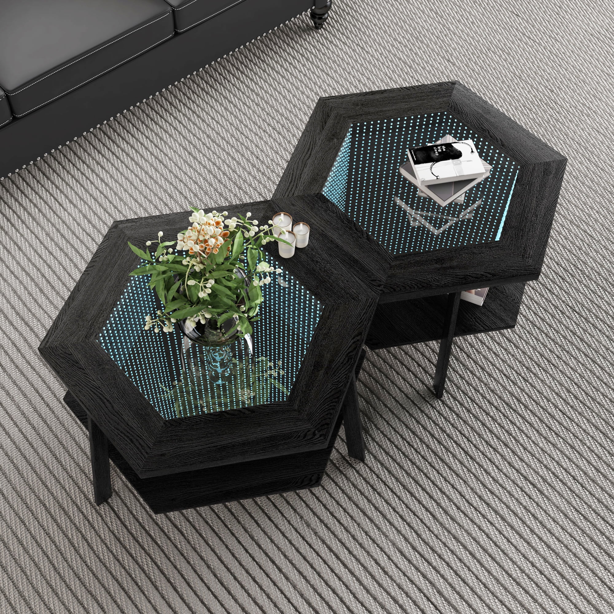 Modern Hexagon Smart Coffee Table with Voice-Activated LED Lights, Bluetooth - Living Room, Reception Room