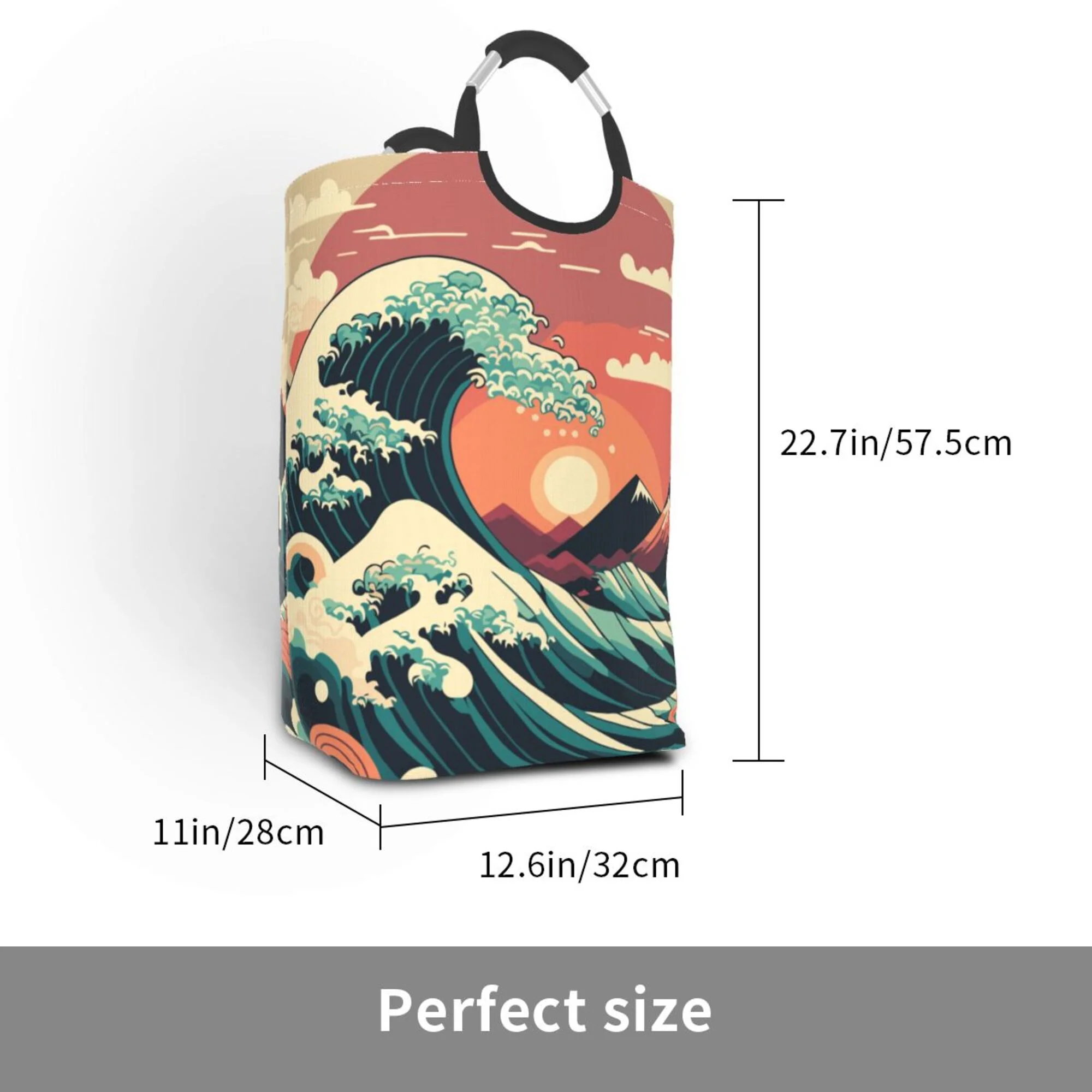 TEQUAN 50L Large Rectangular Laundry Hamper with Aluminum Handles, Japanese Style Big Ocean Waves Prints Waterproof Foldable Dirty Clothes Basket