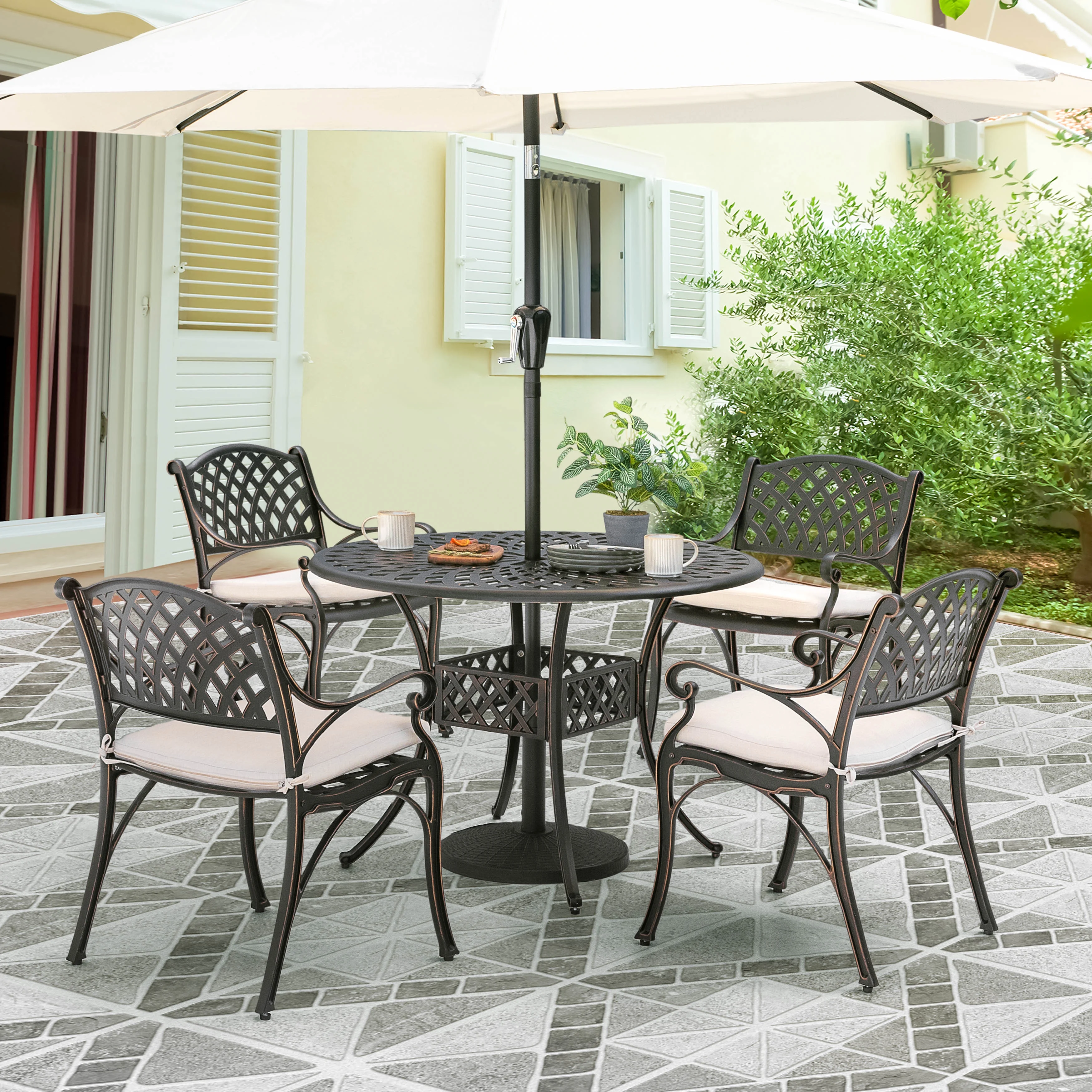 Nuu Garden Cast Aluminum Outdoor 5-Piece Patio Dining Set, Patio Bistro Furniture Set, 4 Patio Chairs with Cushions, Dining Table with Umbrella Hole, Bronze and Beige