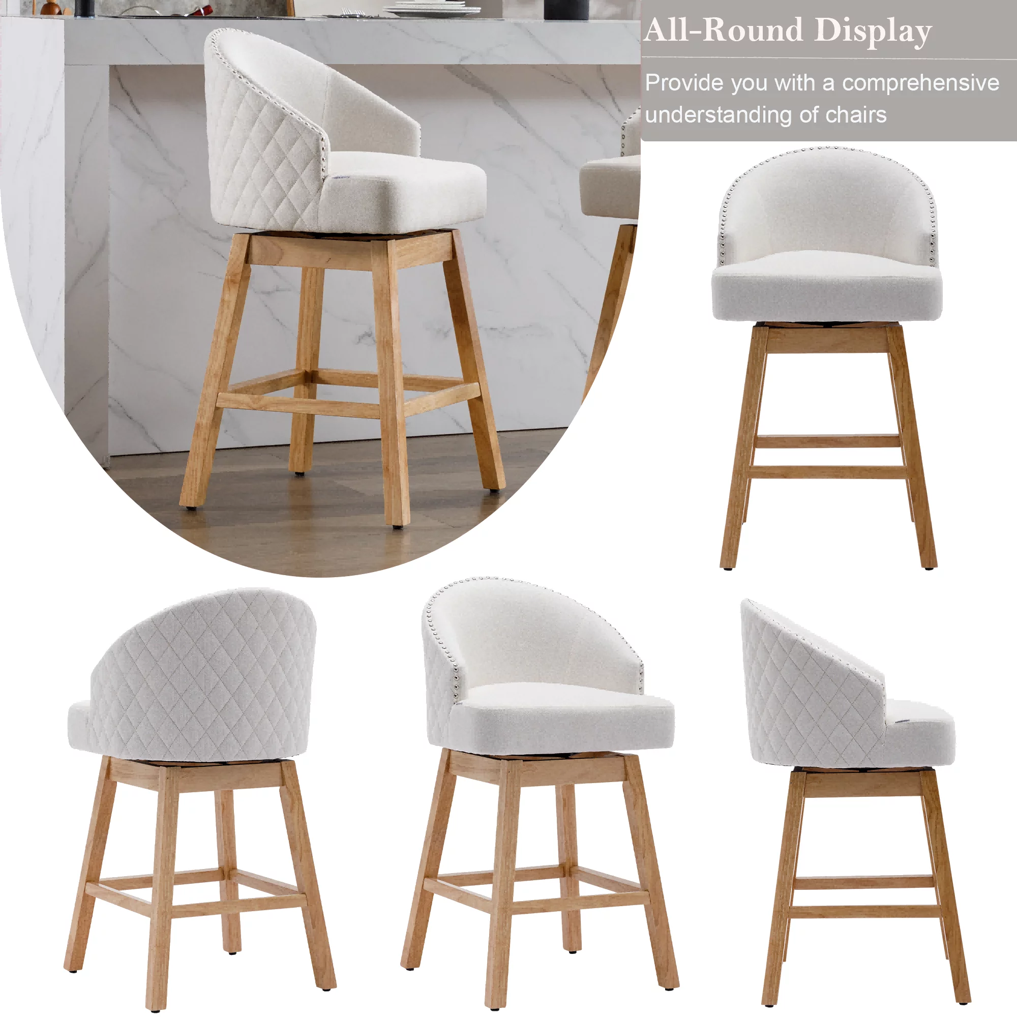 360 Degree Swivel Bar Stools, Counter Height Barstools, Modern Upholstered Bar Stools with Nailhead Trim Bar Chairs, 27 Inch Kitchen Island Bar Chair, Solid Wood Legs(Beige Linen,Set of 8)