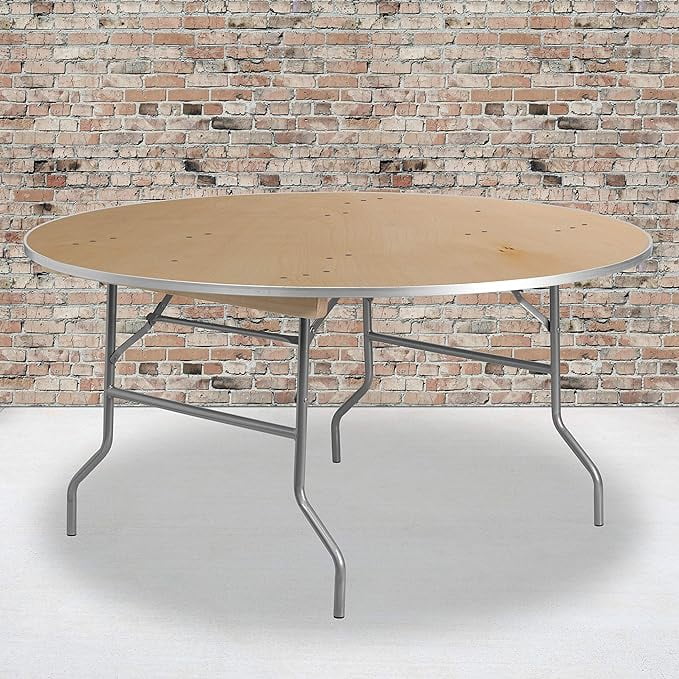 Heavy Duty Natural Birchwood 5-Foot Round Metal Edges Folding Banquet Table 60