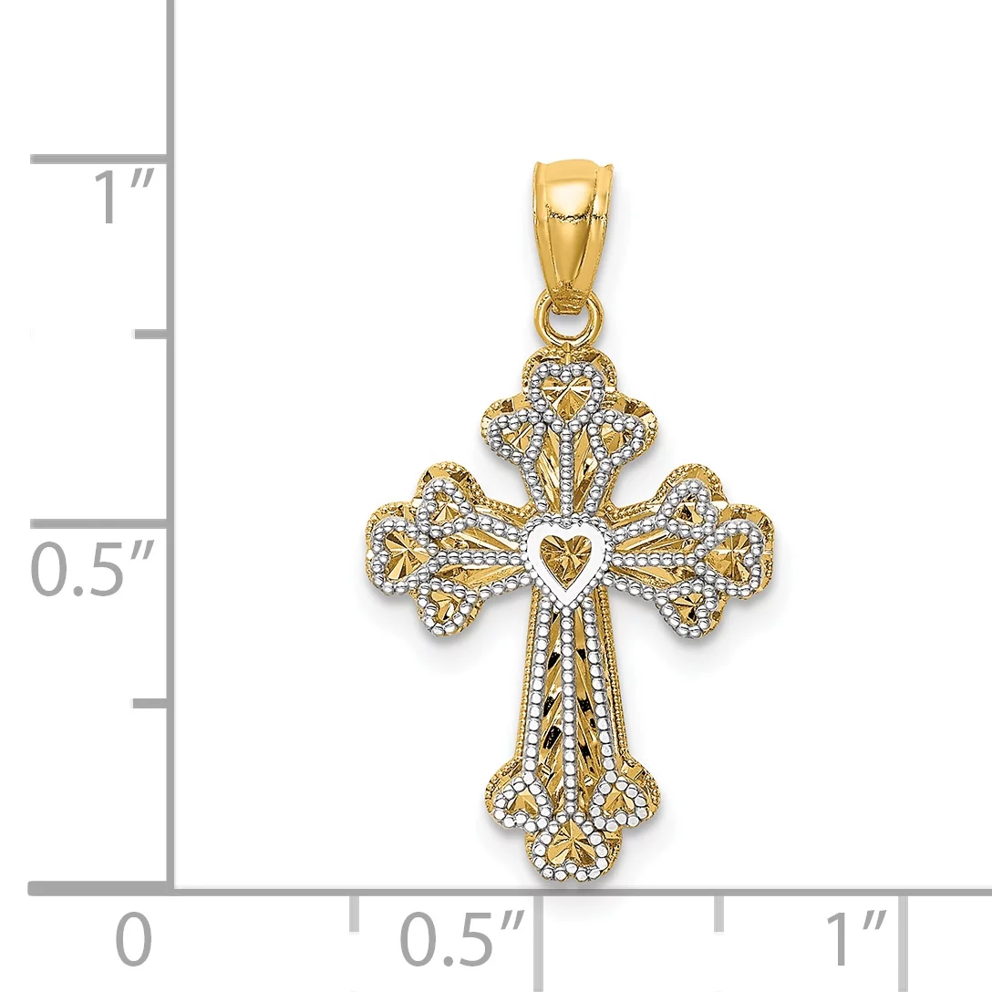 14K Two-Tone Gold Polished Filigree 2 Level Heart Cross Pendant (30 mm x 15 mm) With 10K Yellow Gold Lightweight Rope Chain 20