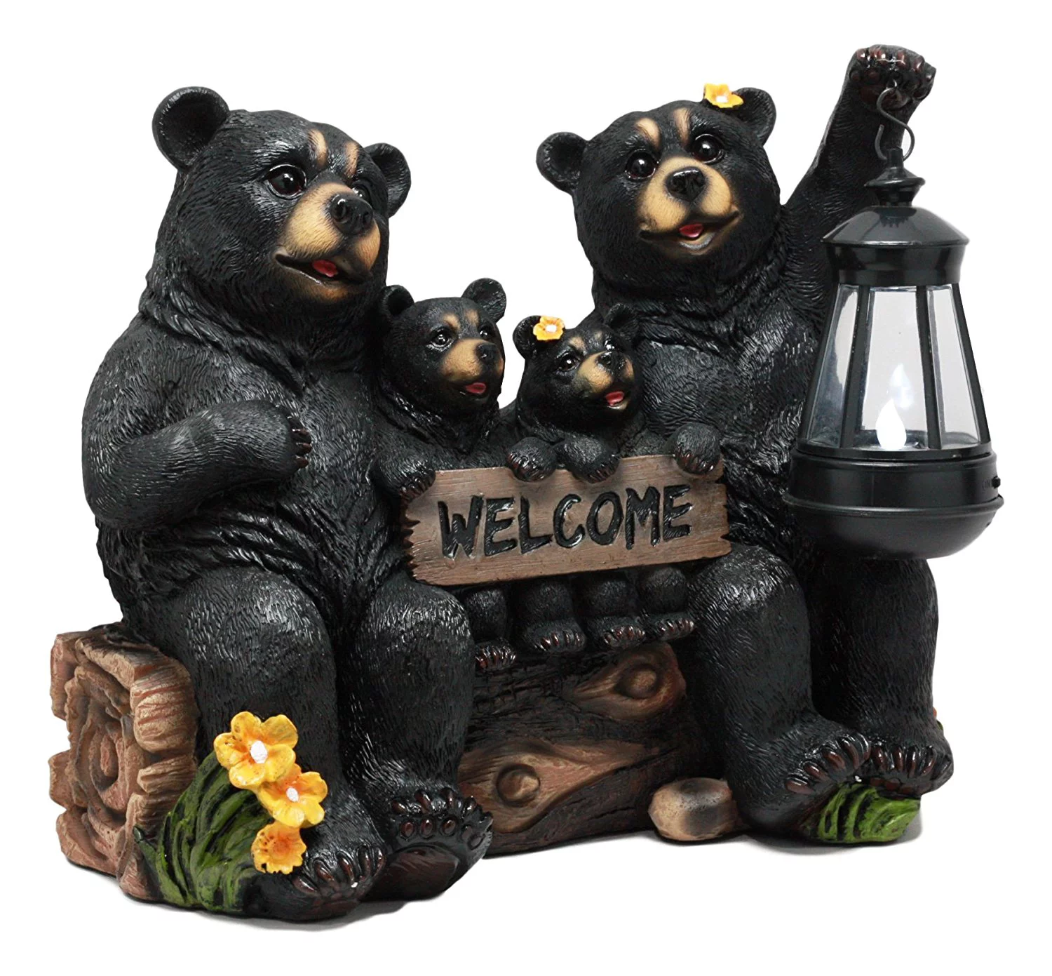 Ebros Beacon Of Happiness Rustic Black Bear Family Welcome Sign Statue With Solar LED Light Lantern
