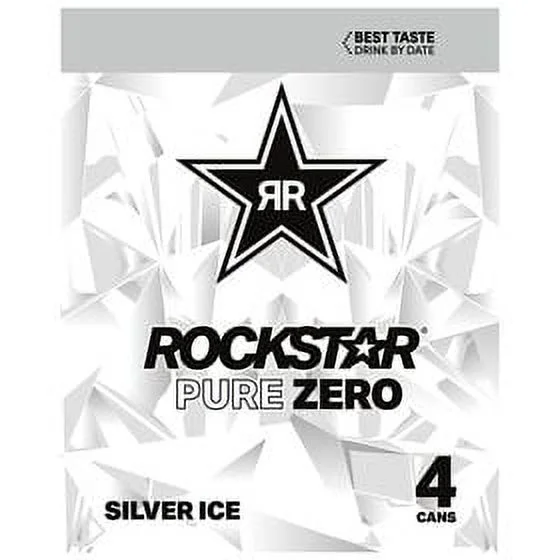 Rockstar Pure Zero Sugar Energy Drink Silver Ice Grapefruit Flavor, 16 fl oz, 4 Pack Cans