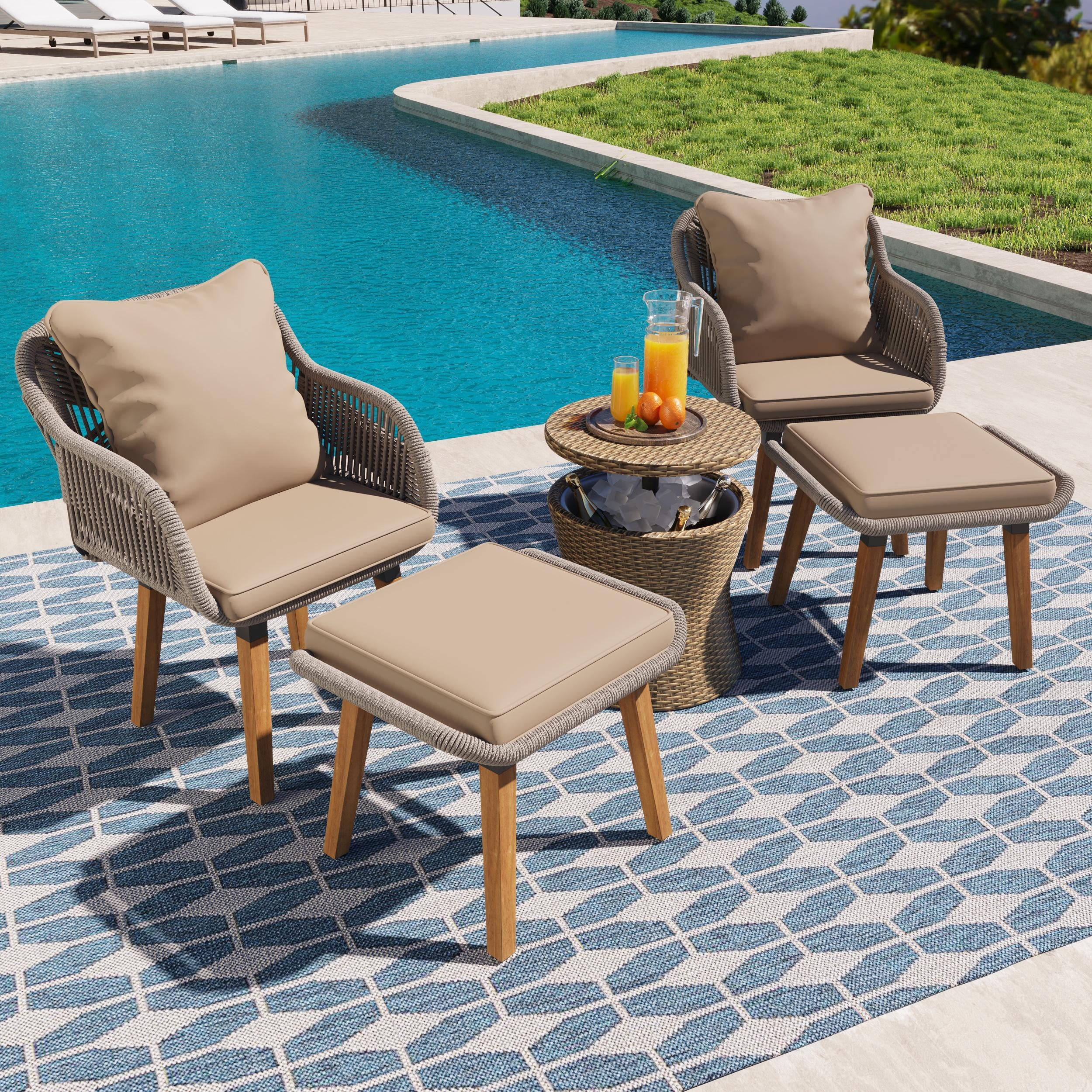 Glavbiku 4 Seat Metal Patio Chair Sets,Outdoor Woven Rope Conversation Set with Cool Bar Table,Brown