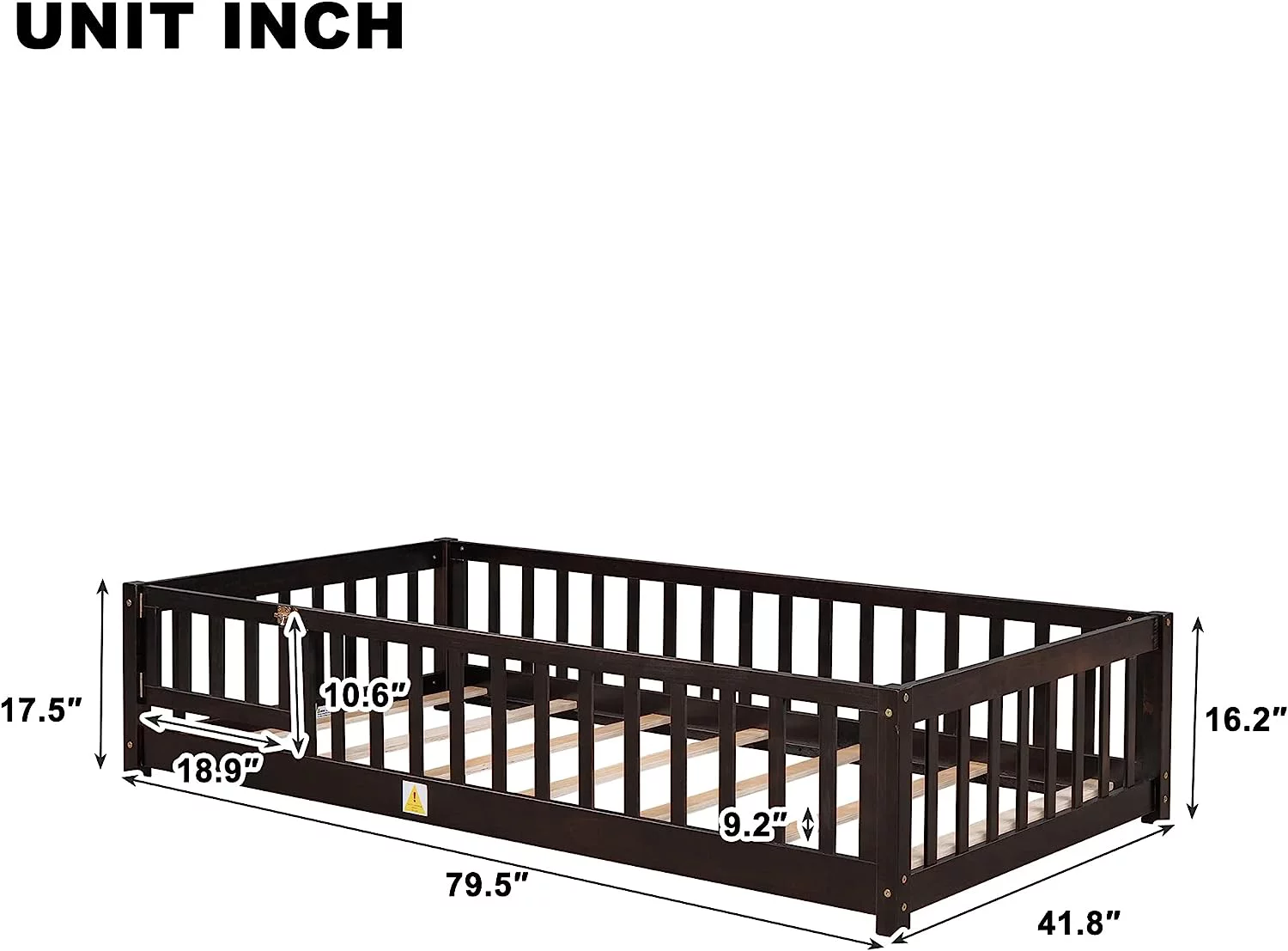 Size Floor Bed Wih Fence And Door, Wooden Monessori Plaform Bed Frame For Kids, Boys Girls, Slas Included, No Box Spring Needed (, Espresso)