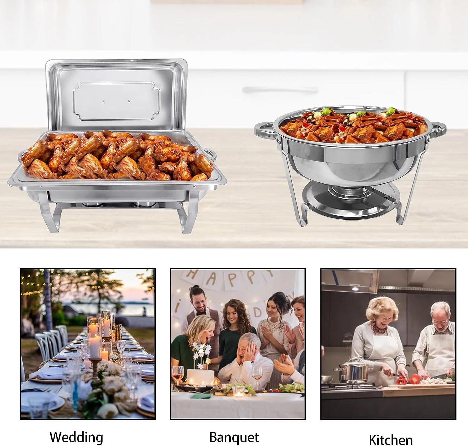 JSTUOKE Chafing Dish Buffet Set,2 Rectangular Chafers 9L + 2 Round Chafing Dish 3.5L