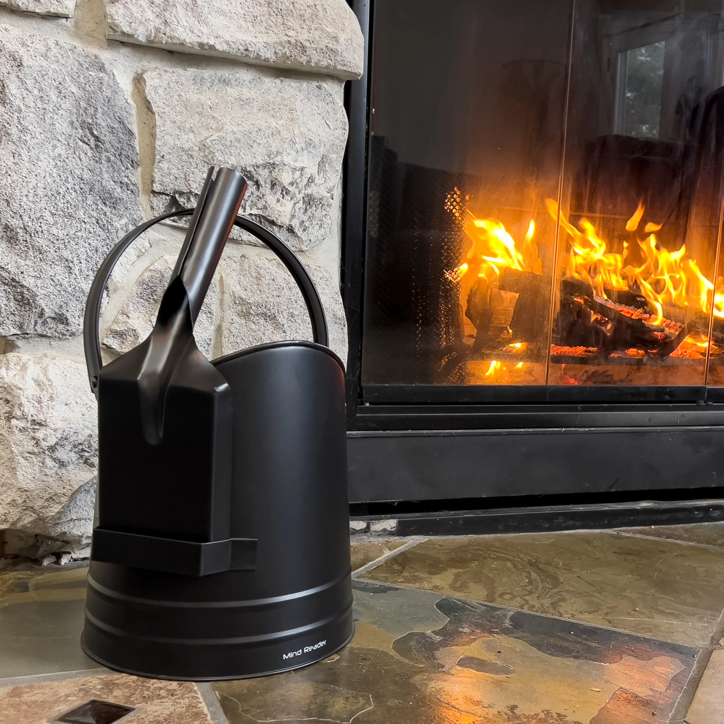 Mind Reader 2-Piece Metal Fireplace Bucket with Shovel Fireside Bucket with Ash Scoop and Handle, Black