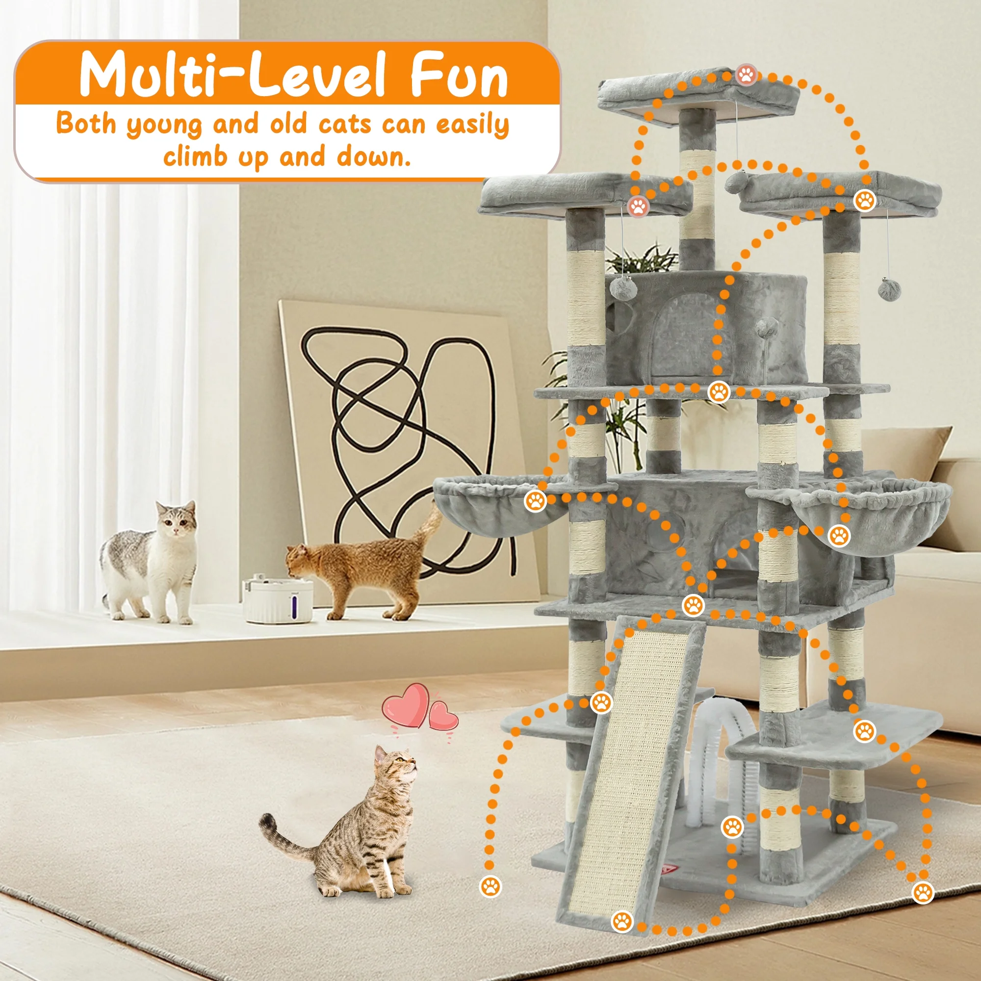 68 Inches Multi-Level Big Cat Tree, Tall Multi-Cats Tower with 2 Big Cat Condo &Cat Hair Brush, Large Cat Tree with 3 Padded Plush Perches & Scratching Posts