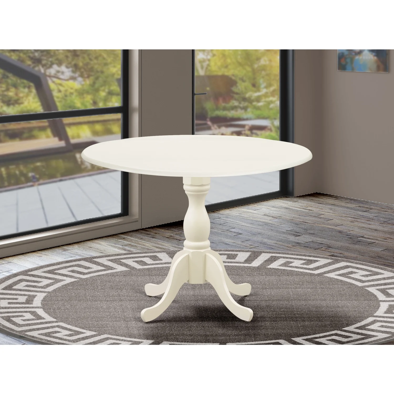 HomeStock Renaissance Romance Round Wood Table Linen White Color Drops Leave Table Top Surface And Asian Wood Dining Table Pedestal Legs -Linen White Finish