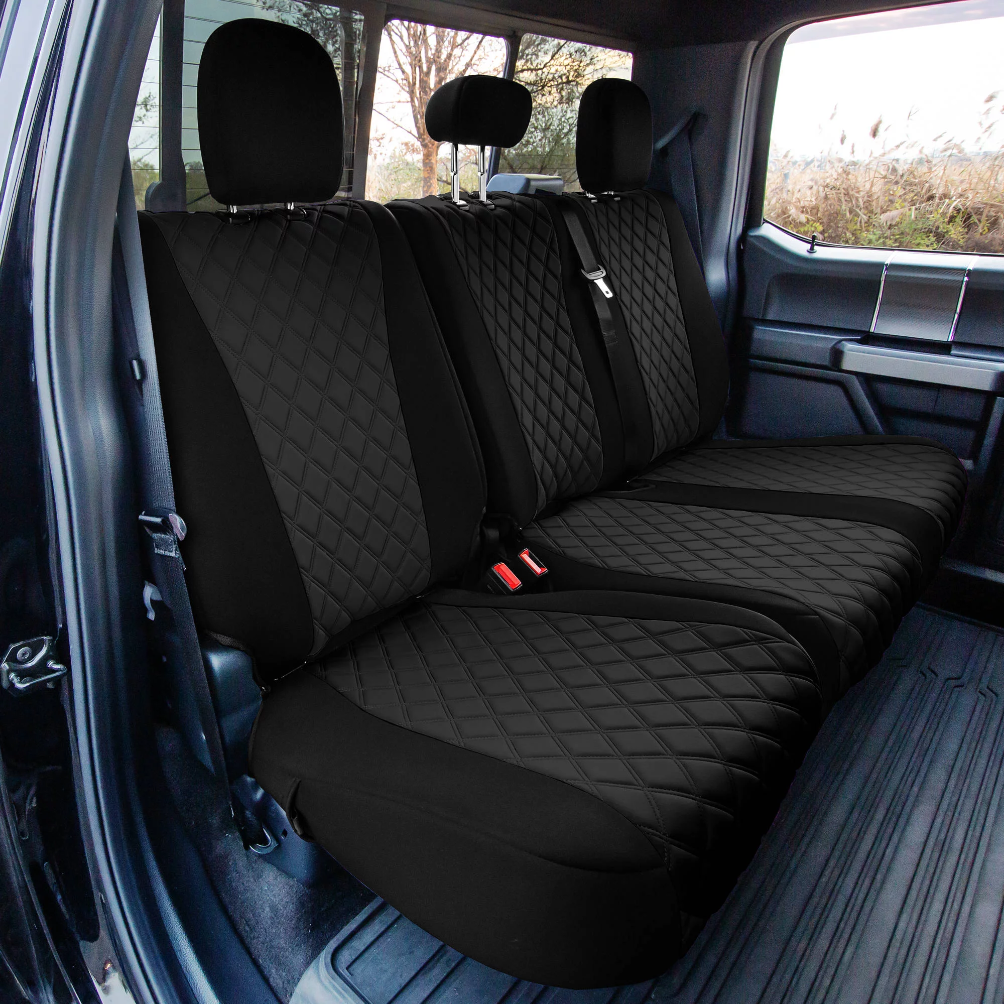 FH Group Custom Fit Neoprene Car Seat Cover for 2021-2023 ford F-150, F-250, F-350, F-450, Black Rear Set Seat Covers with Air Freshener