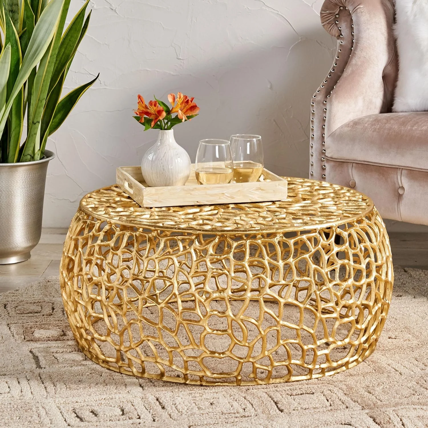 Modern Solid Aluminum Mesh Coffee Table, Mesh Round Cocktail Table