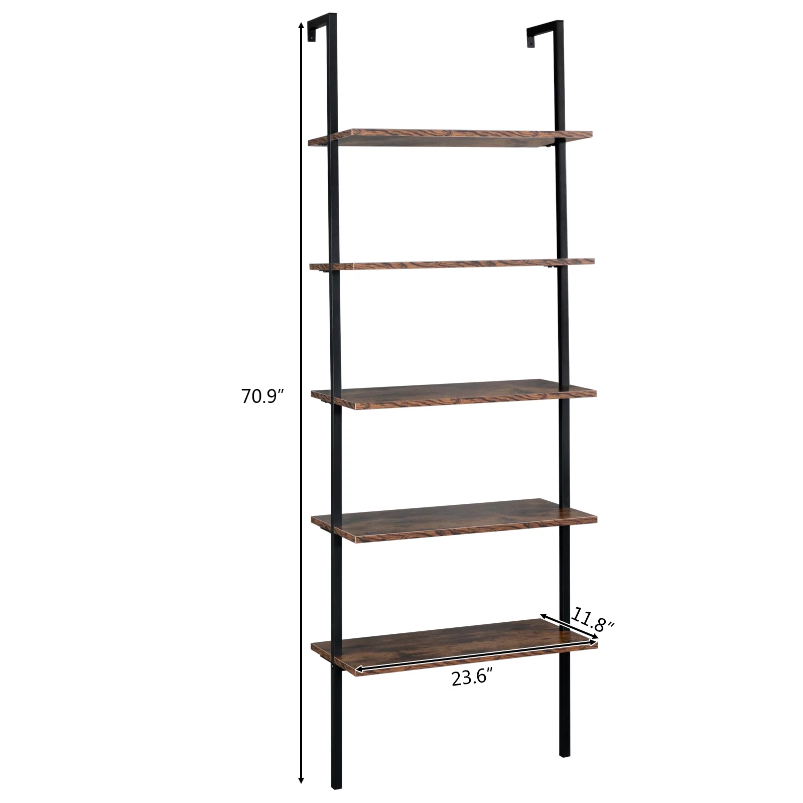 DFITO Industrial Wall Mounted Bookcase 5-Tier Open Ladder Shelf Bookshelf with Metal Frame, 23.6