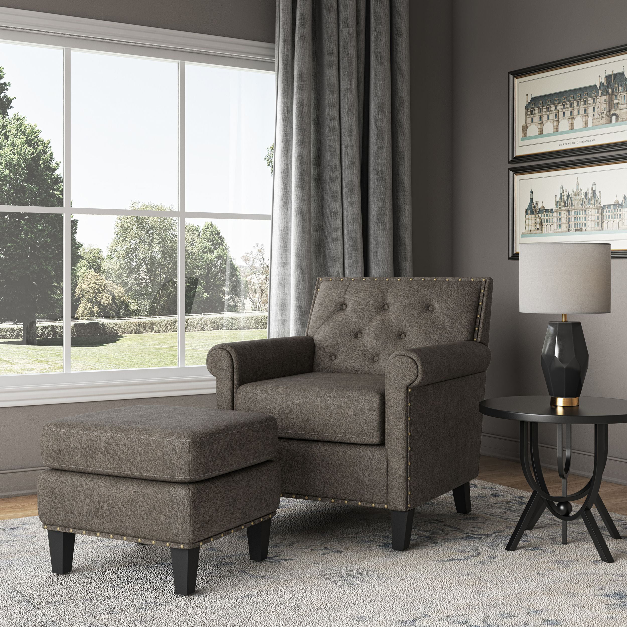 Homesvale Romvi Arm Chair and Ottoman, Distressed Gray