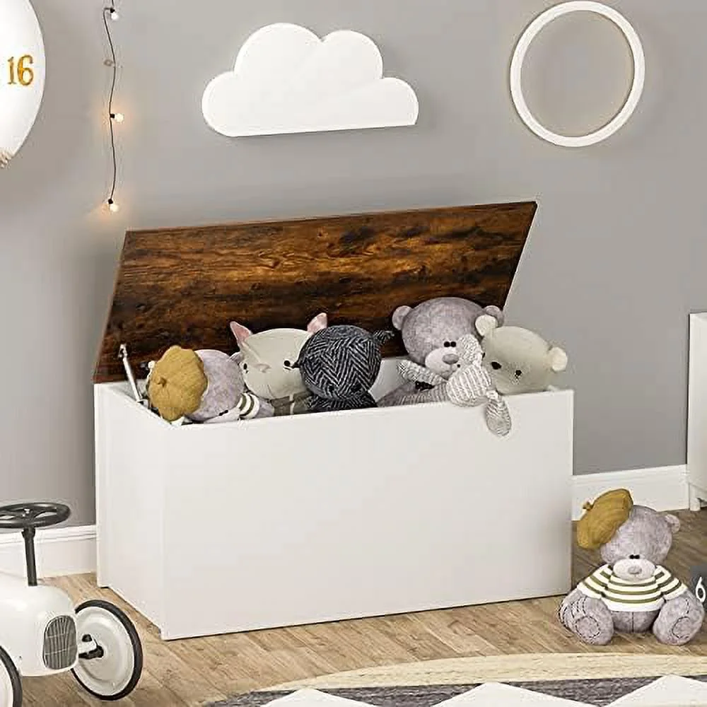 CHNJHUM Toy Box  Chest  Wooden Children  Bench Ottoman Trunk w/Flip-top Lid  35.5\u201D Wide Toddler Cabinet Organizer w/Pneumatic Rod for  Play Room Nursery (Rustic Brown + White)