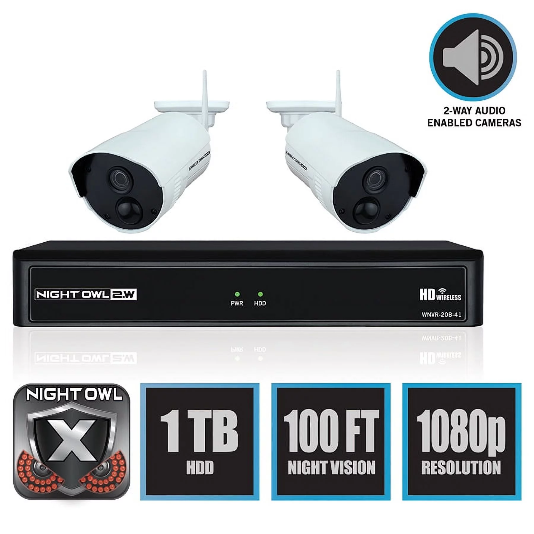 Night Owl 4 Channel 1080p Wireless Smart Security Hub with 1 TB Pre-Installed Hard Drive and 2 x 1080p Infrared IP Cameras with Two-Way Audio, 300 ft. wireless signal, 100 ft. night vision