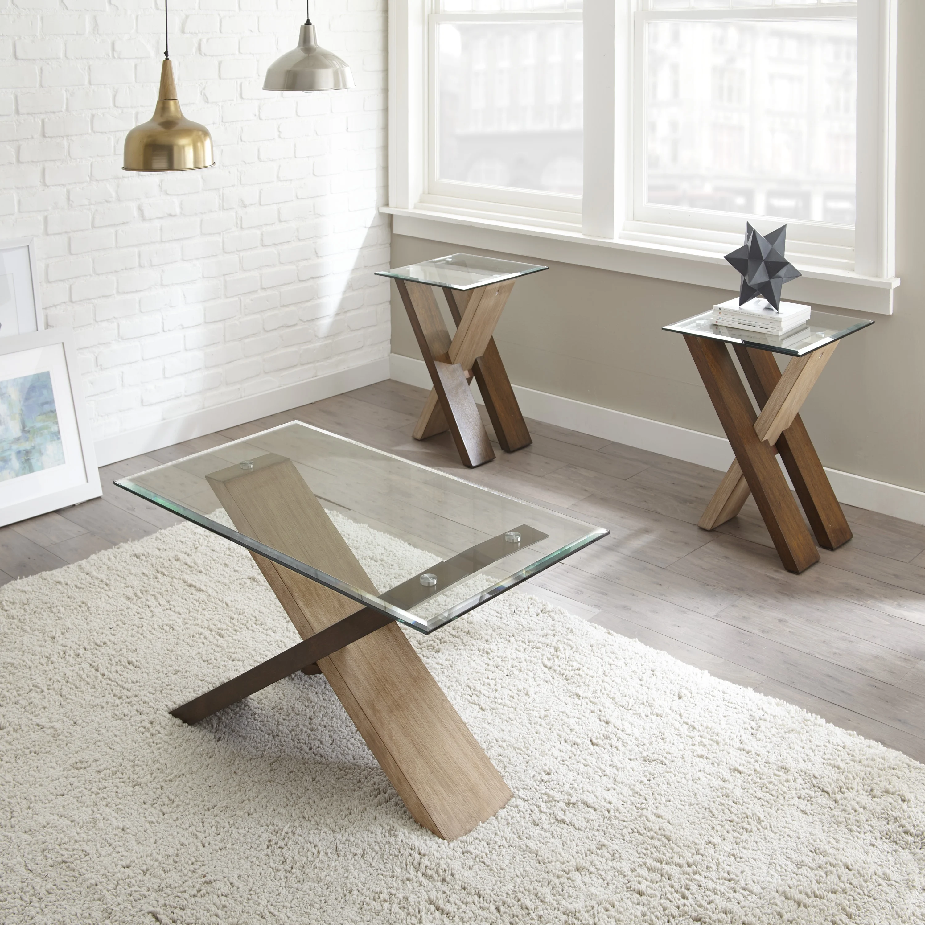 Homiyad Modern Cross Tie End Table - Beveled Glass Top, Contrasting Natural and Cherry Finish - Unique Accent Piece, Stylish Home Brightener