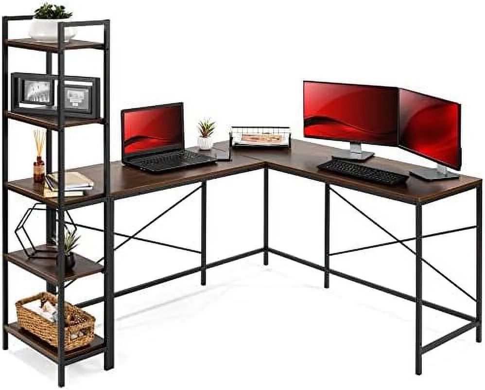 ZFGSUIJN L-Shaped Corner Computer Desk  Large Study Workstation  w/Multifunctional 5-Tier Open  Bookshelves  Custom Setup for Home  Office - White Oak