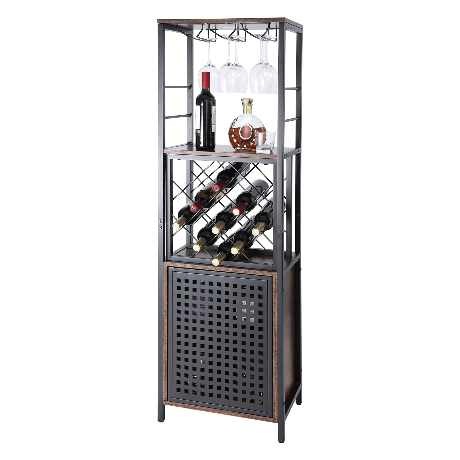 SKYSHALO Industrial Bar Cabinet Wine Bar Home Table with Wine Rack & Glass Holder
